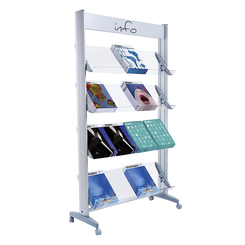 Paperflow Mobiler Metall-Prospektständer Grau mit Plexiglasböden