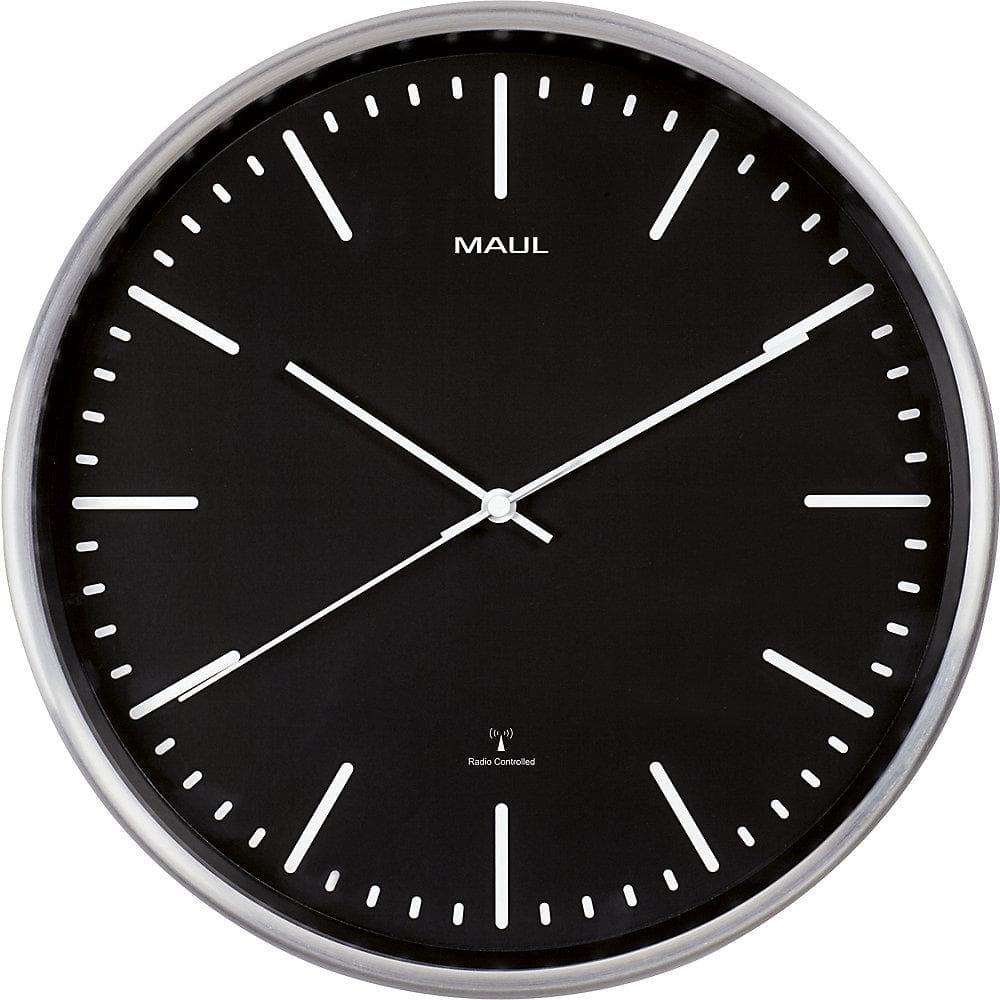 MAUL Wanduhr MAULfly Schwarz Aluminium gebürstet Funkuhrwerk