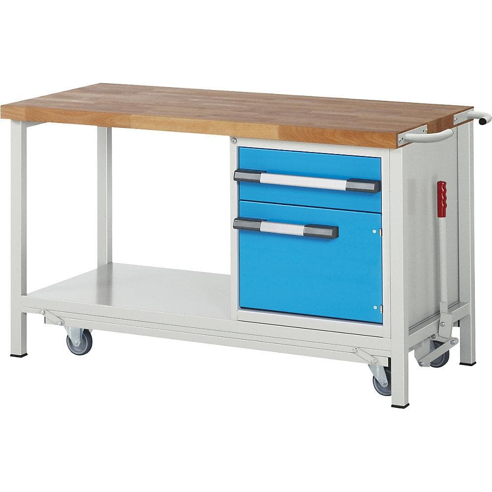 eurokraft pro Fahr- und absenkbare Werkbank Serie 8000 mit Schublade und Tür