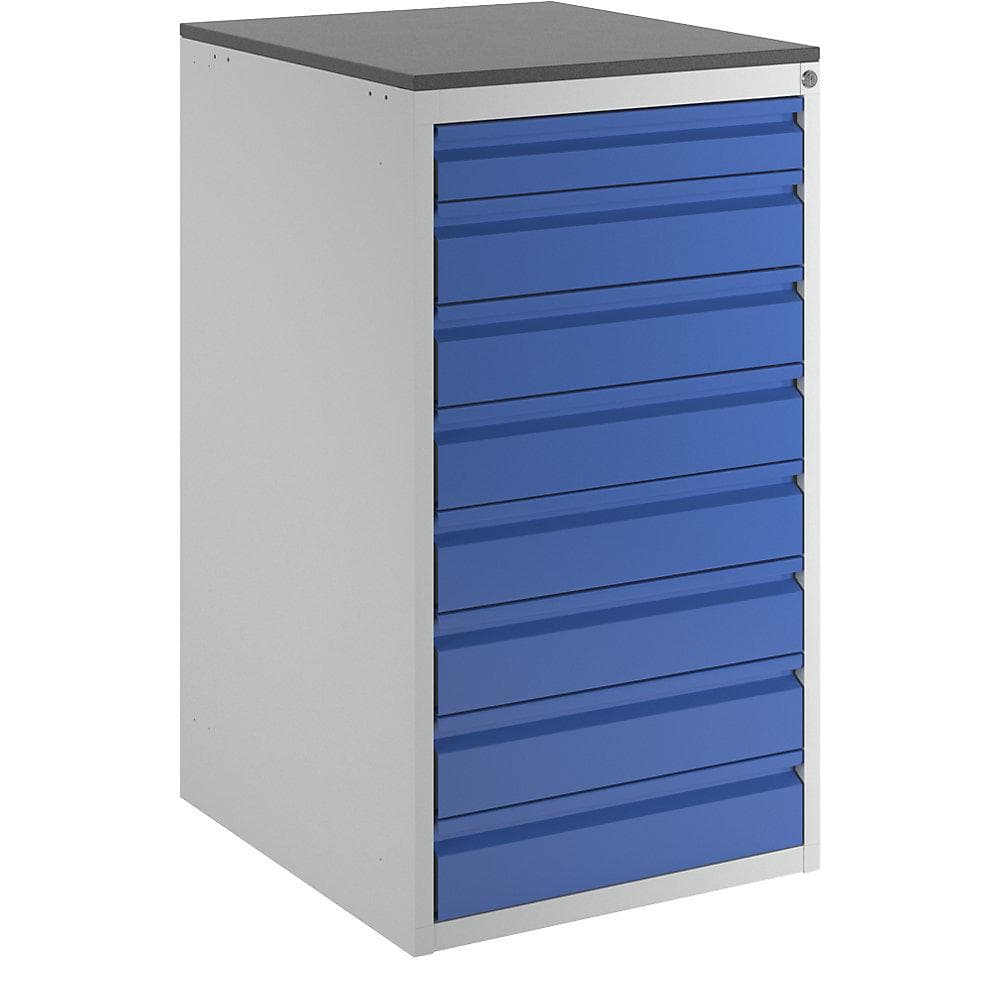 RAU Schubladenschrank Stahl lichtgrau enzianblau Zentralverschluss