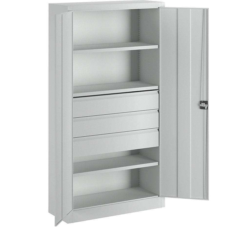 Pavoy Schwerlastschrank 3 Fachböden 120 kg 3 Schubladen 175 mm RAL 7035