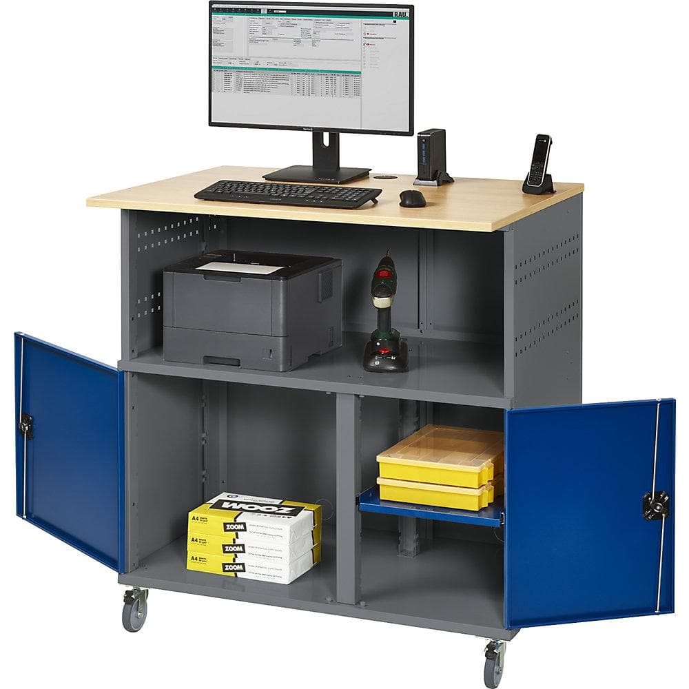 RAU PC-Tisch mit Mitteltrennwand und Fahrsatz anthrazit/blau