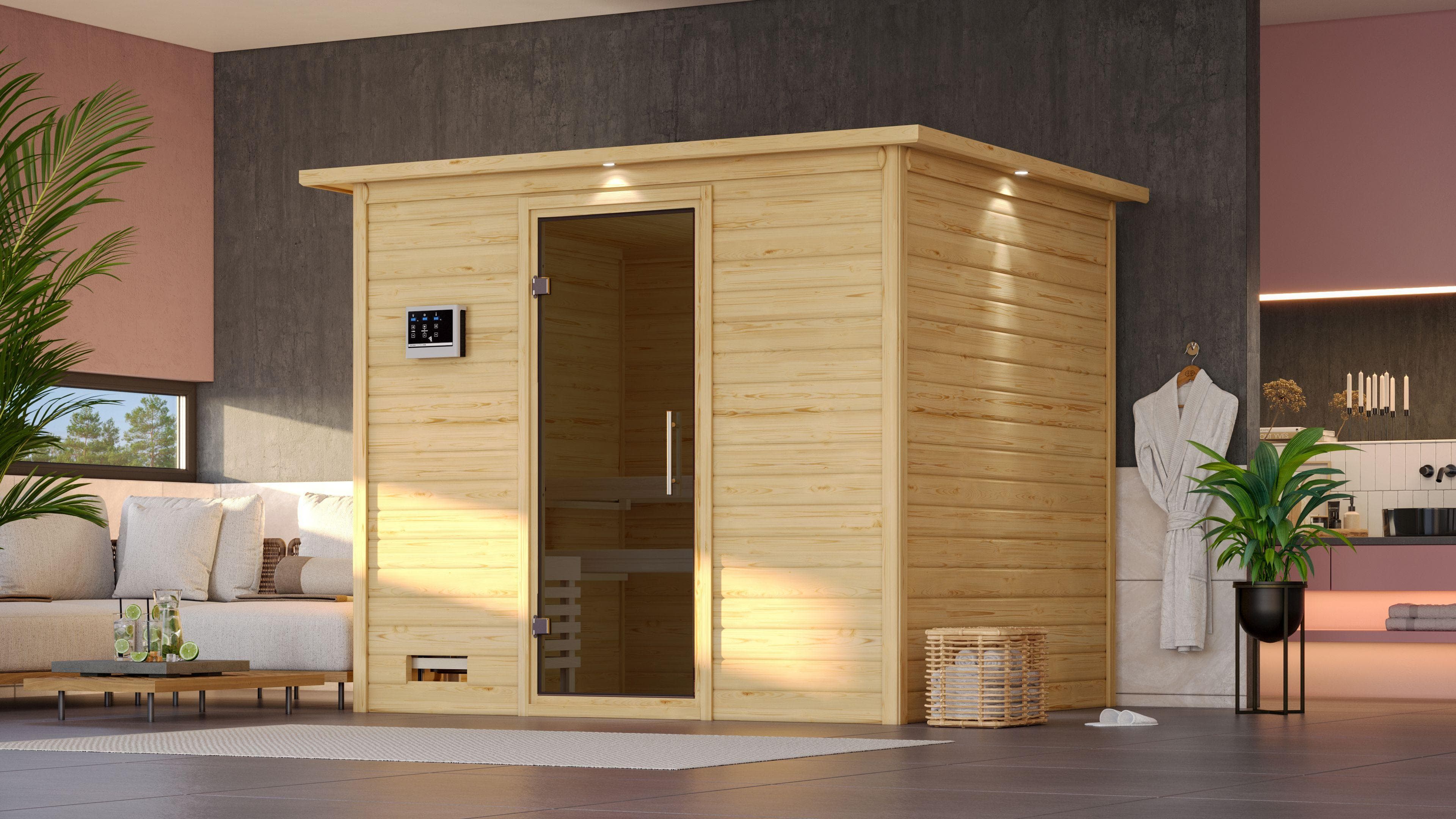 Sauna KARIBU "Soraja" Beige Flachdach 4 Personen
