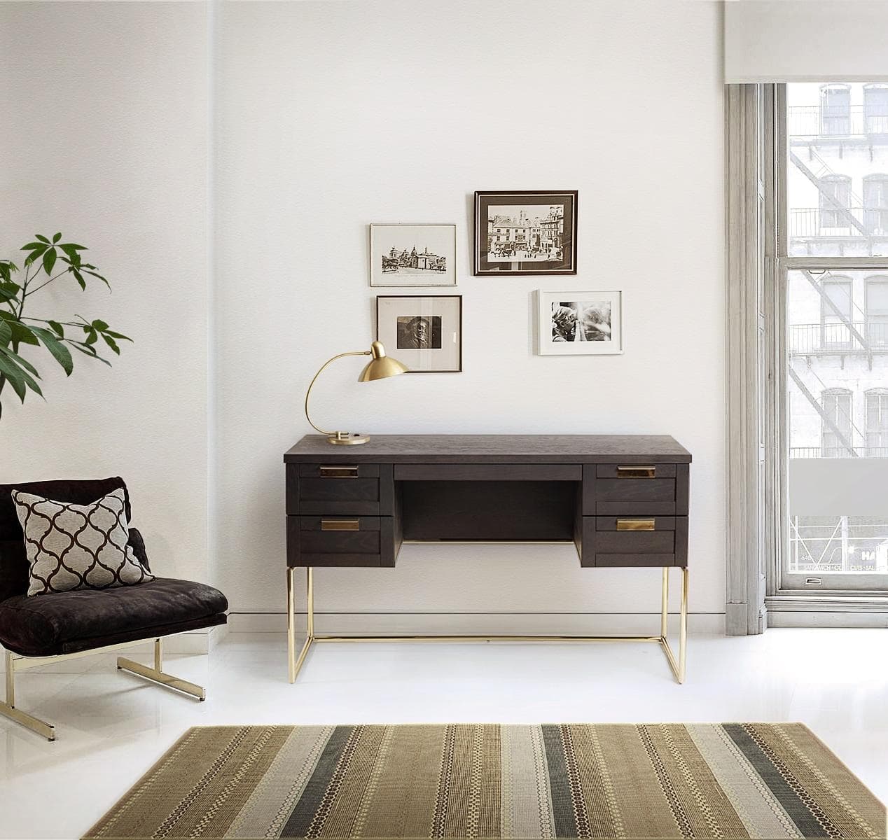 WOODMAN Pimlico Schreibtisch Eiche Dunkel Gold 4 Schubladen