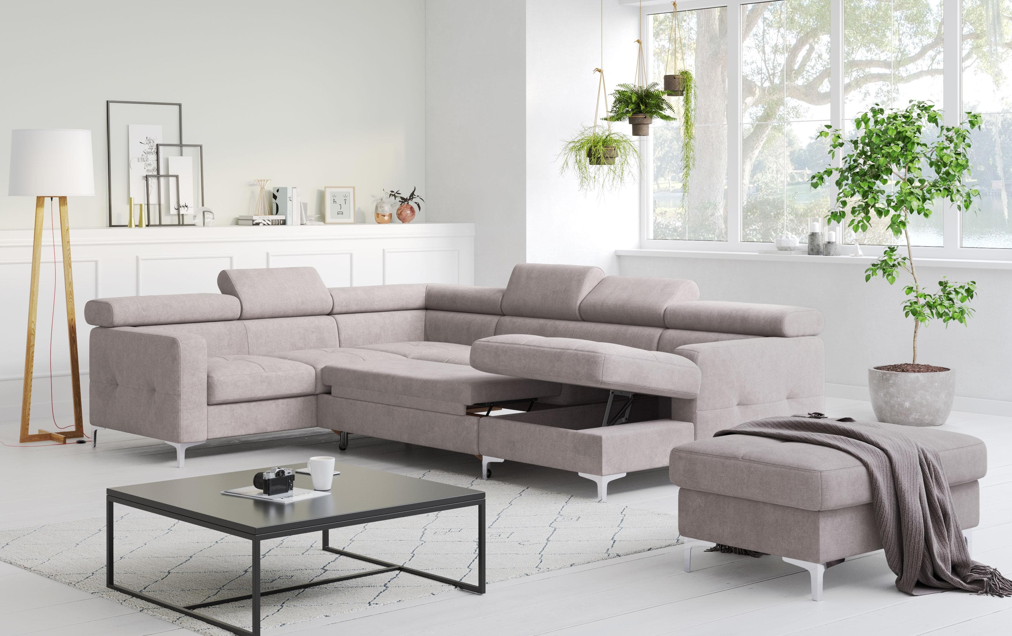 COTTA Sammy U-Form Wohnlandschaft Grau NaturLEDER mit Bettfunktion