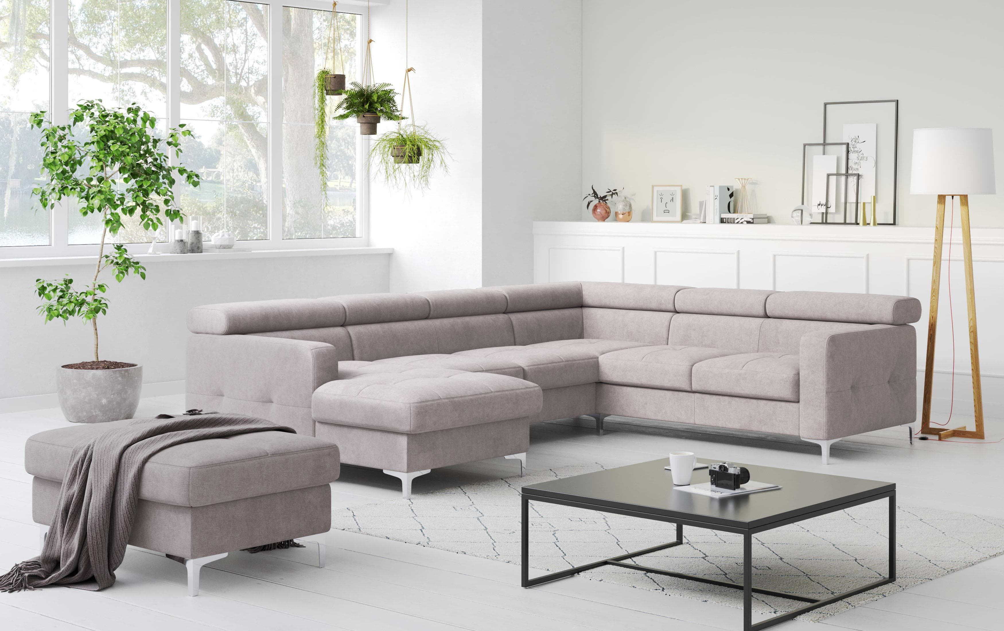 COTTA Sammy U-Form Wohnlandschaft Grau NaturLEDER mit Bettfunktion