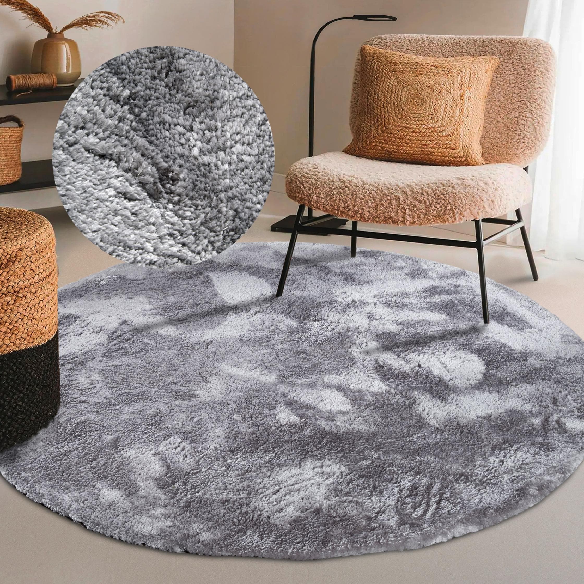 ELLE DECORATION Calida Hochflor-Teppich Silber Rund