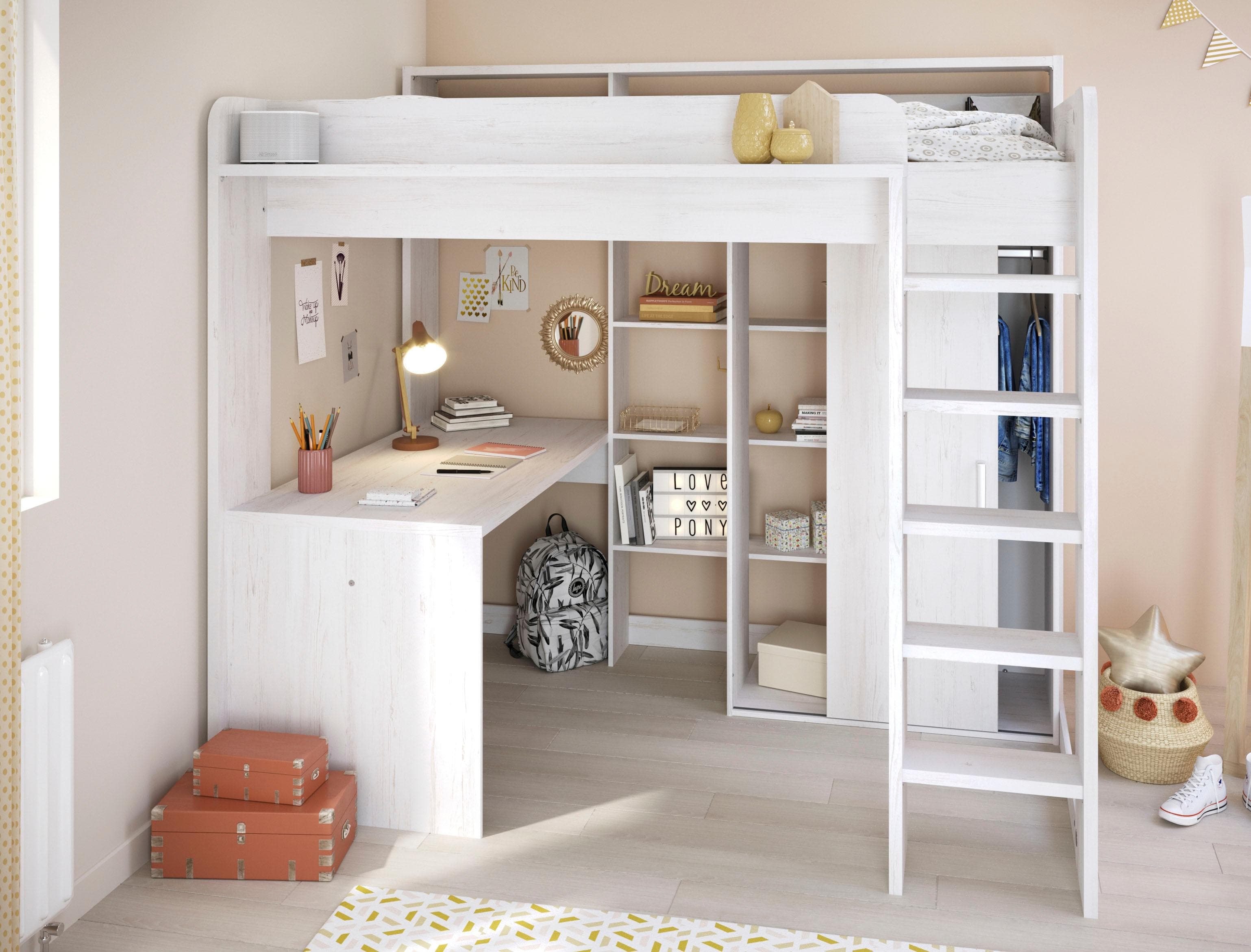 Hochbett mit Schreibtisch & Schrank