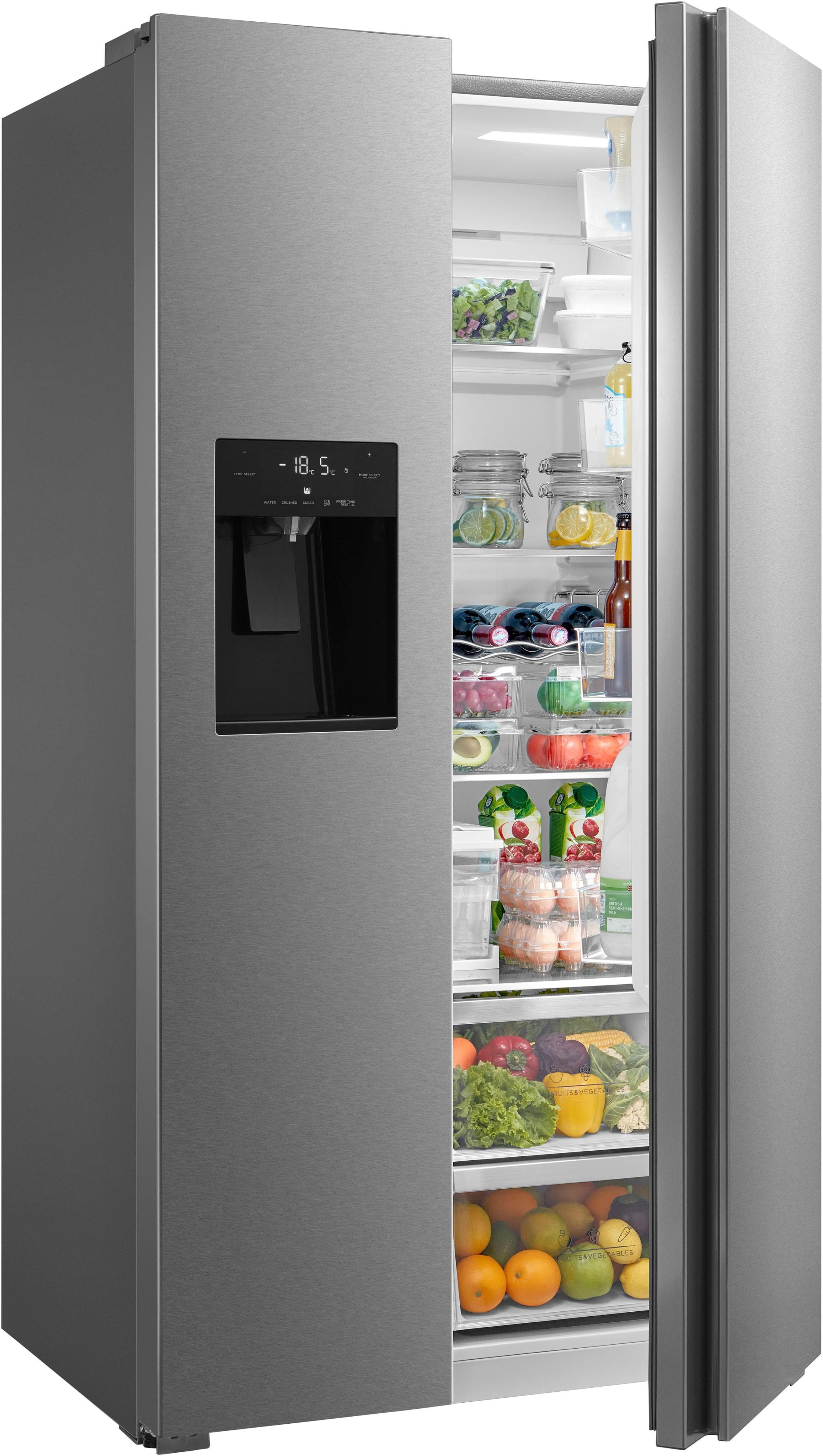 HANSEATIC Side-by-Side Kühlschrank "HSBS17590CWE" Silber Eis-, Crushed-Ice- und Wasserspender