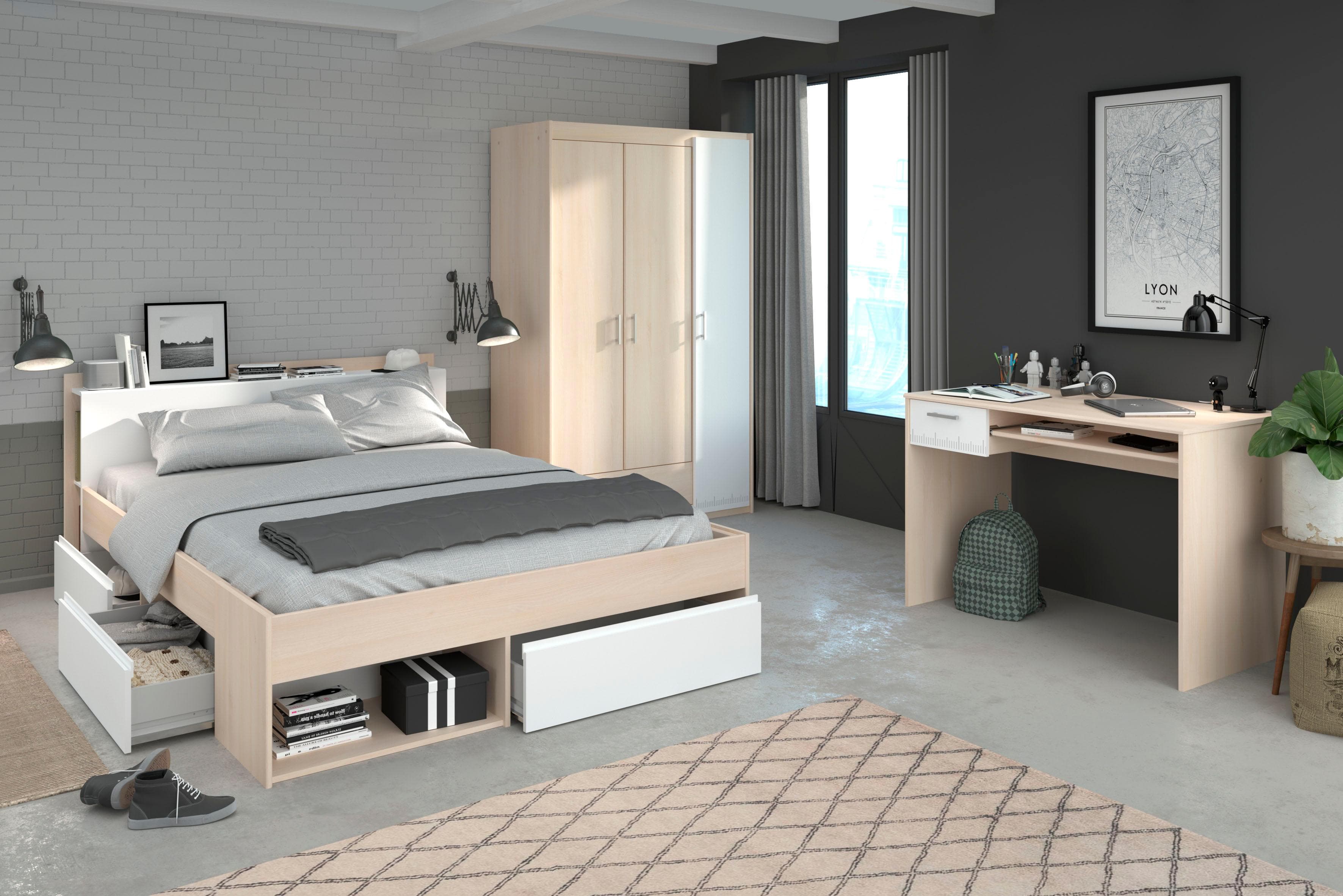 Parisot Jugendzimmer-Set Most Weiß Akazie mit Bett, Schrank, Tisch