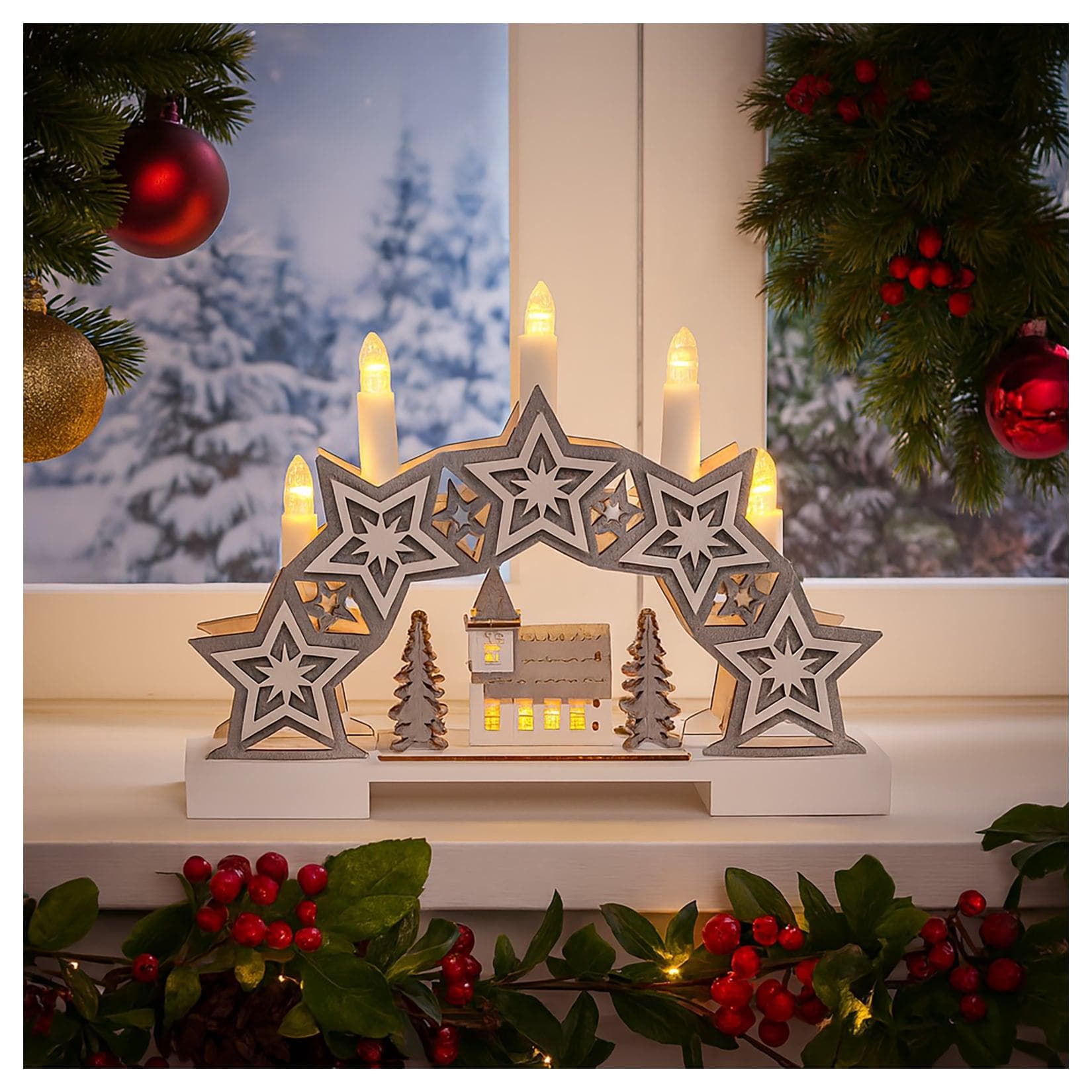 HTI-Living Schwibbogen Leuchtbogen Sterne und Kirche