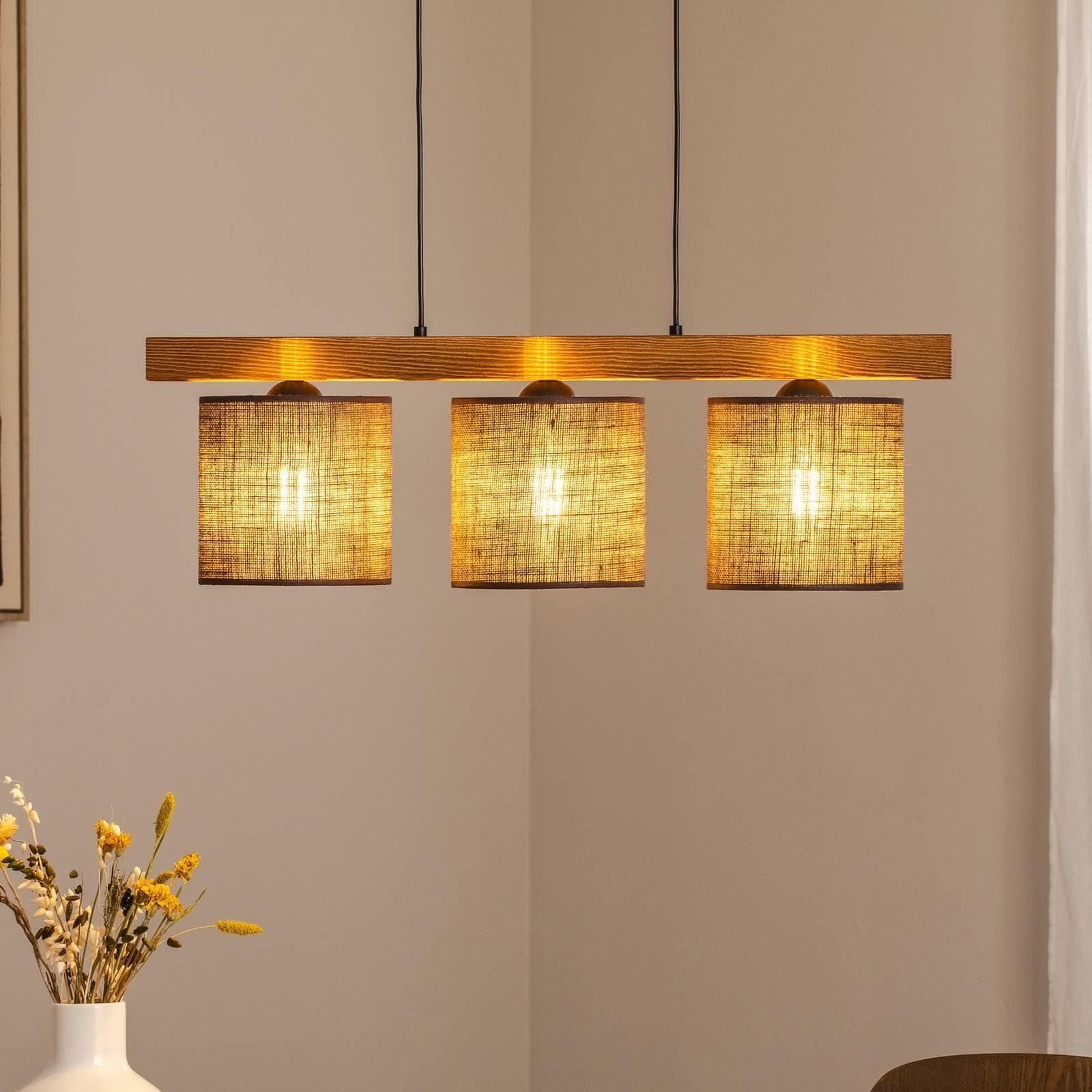 Pendellampe Forest Holz hell/schwarz Jute braun 3-fl. von Duolla