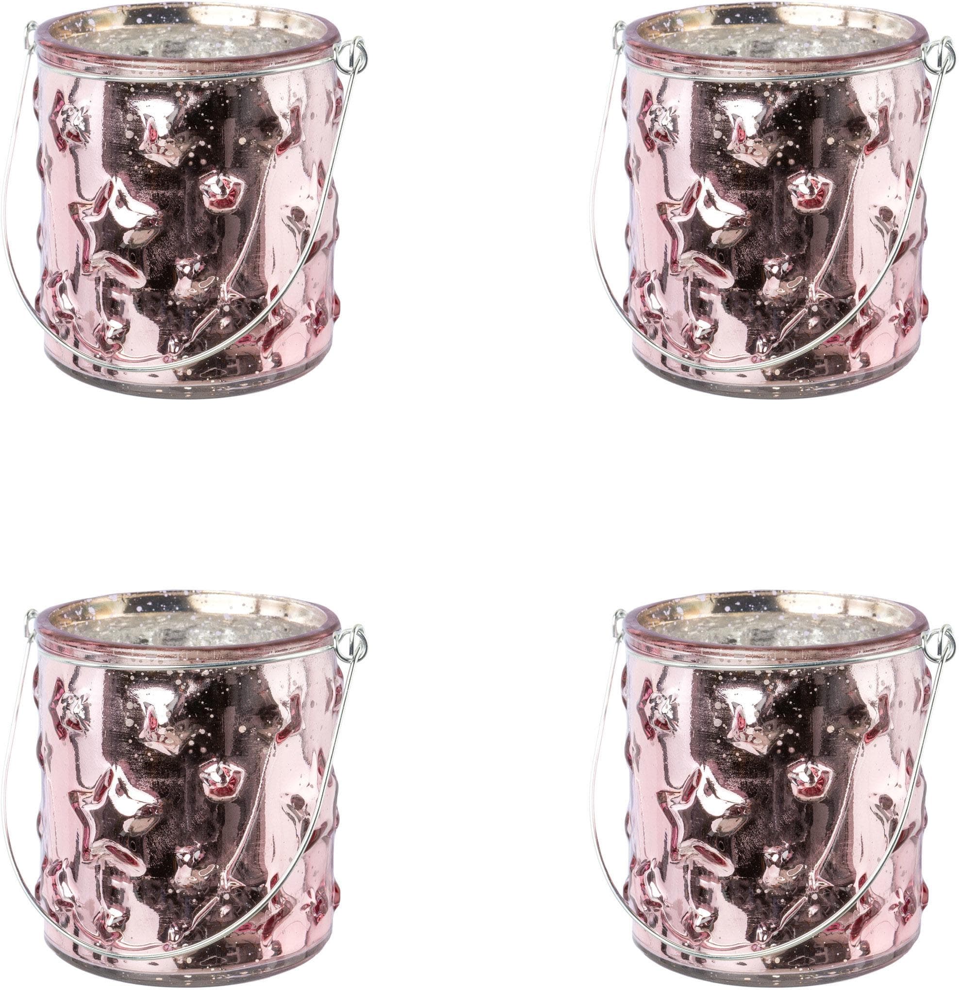 Windlicht CREATIV DECO Weihnachtsdeko Rosa Glas mit Stern-Struktur