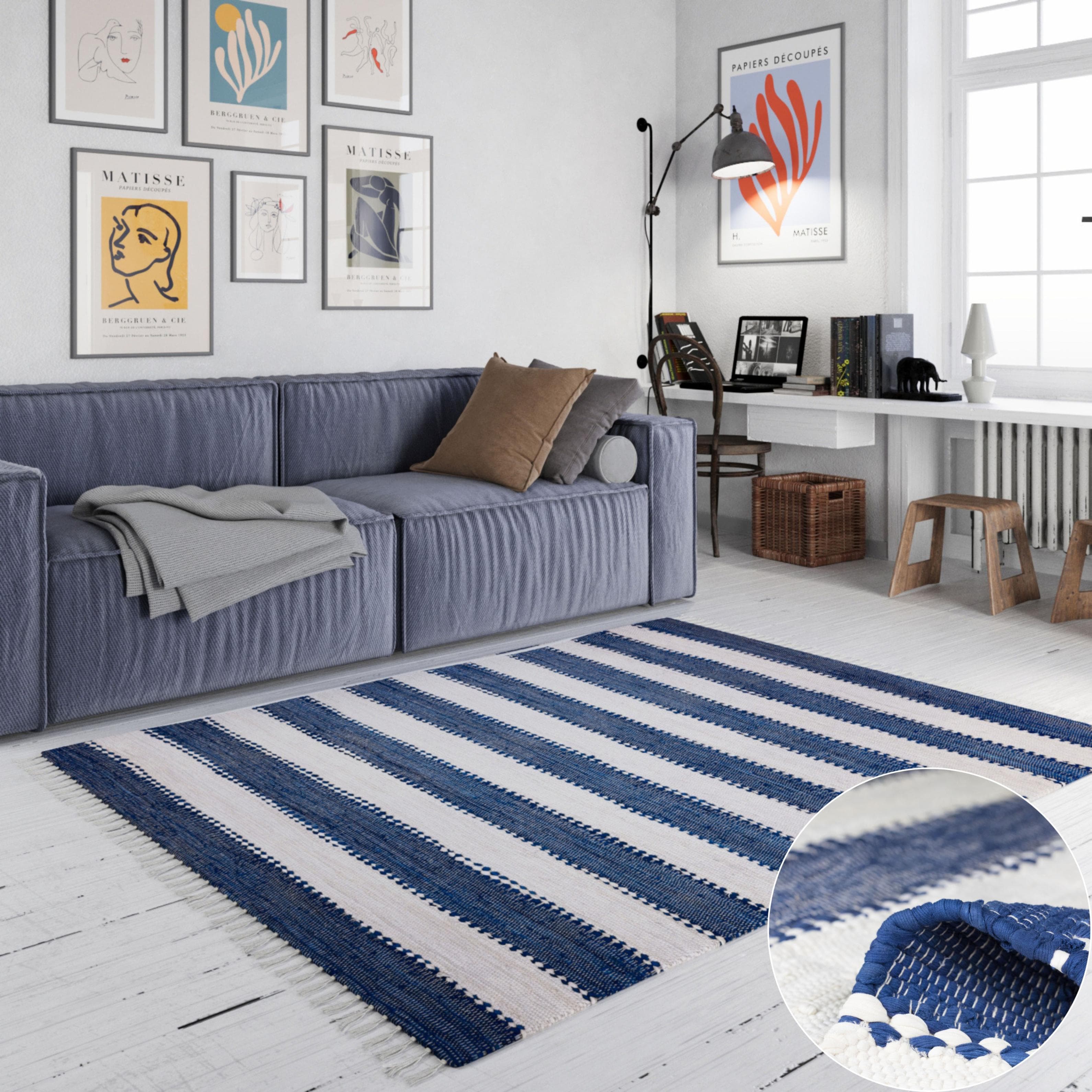 OTTO HOME Teppich Benja Blau Weiß Handgewebt Gestreift