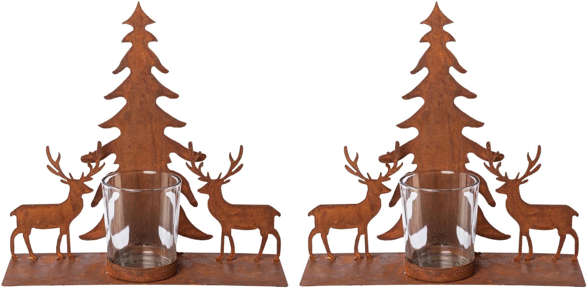 Rustikaler Teelichthalter mit Hirschfiguren und Tannen