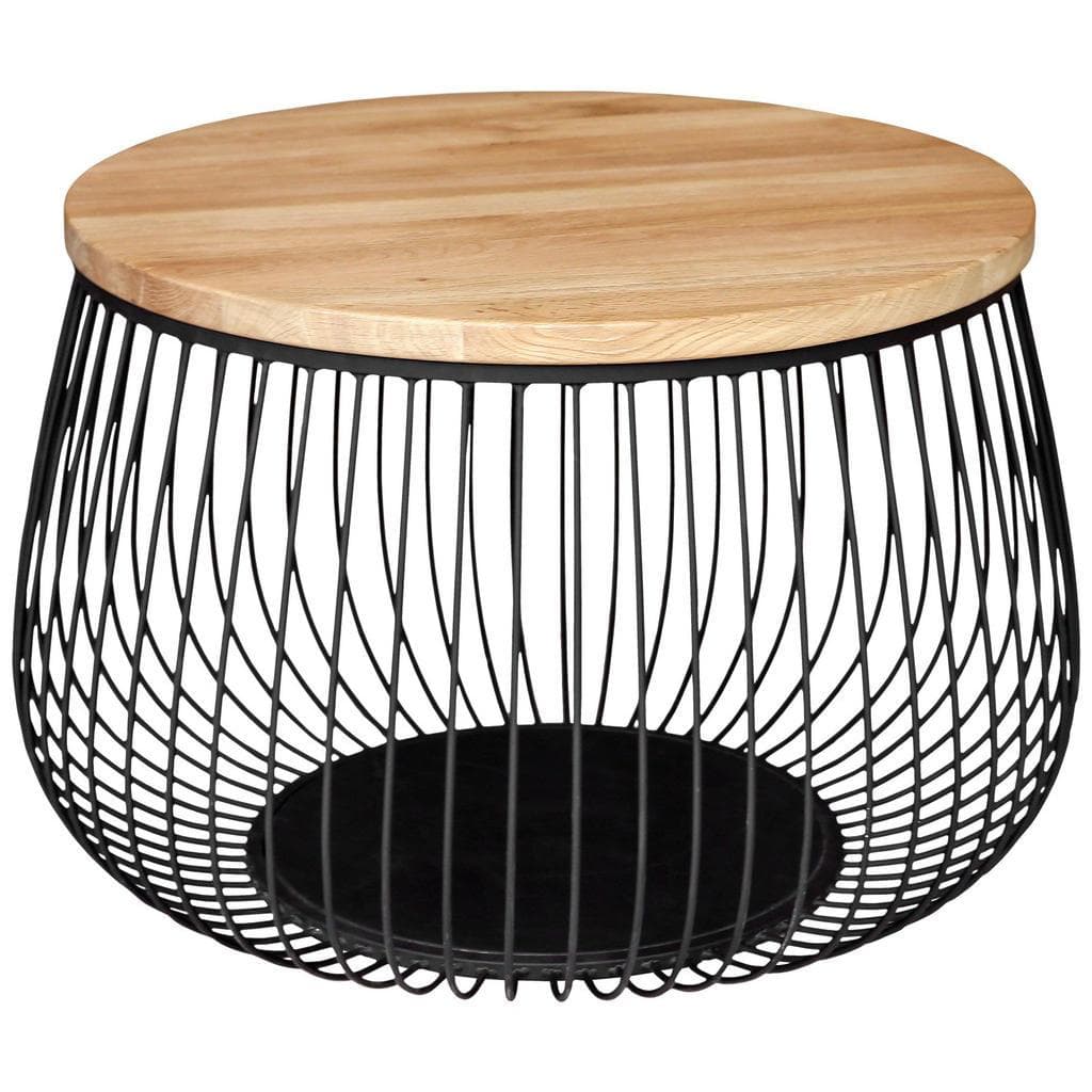 Novel Couchtisch Natur Schwarz Leder Eiche Massiv Rund