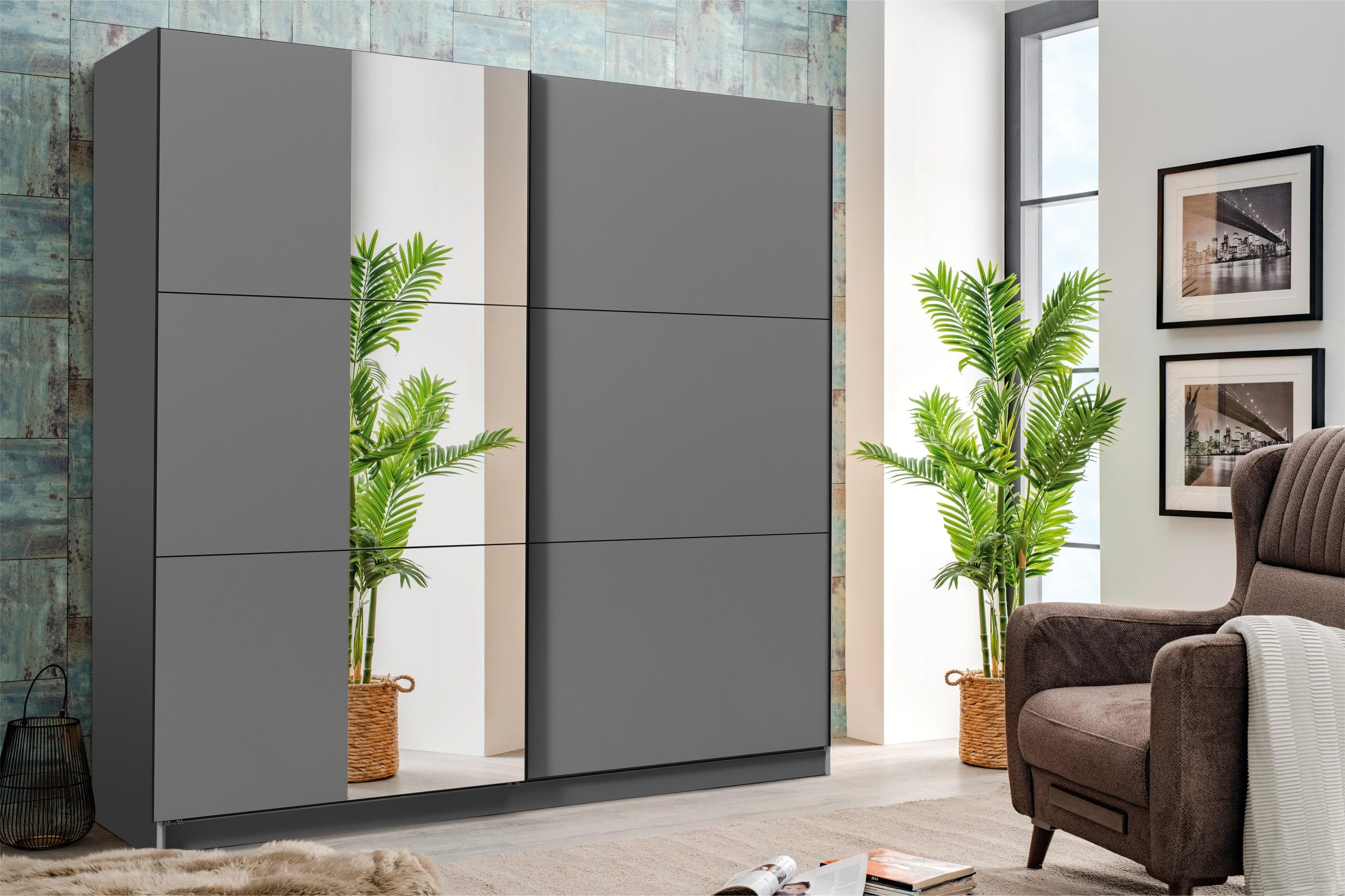 Schwebetürenschrank mit Spiegel & Inneneinteilung - FSC-zertifiziert