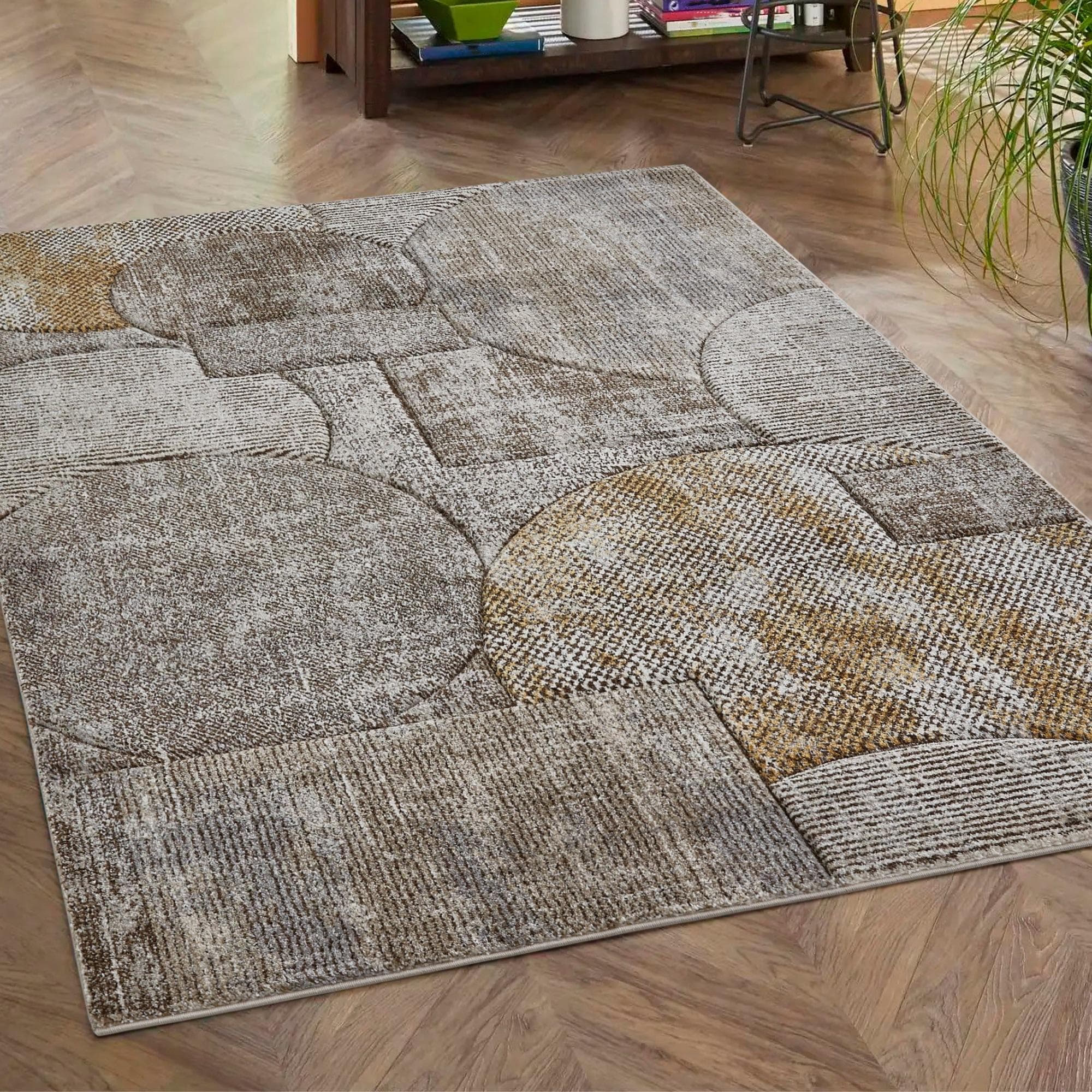 Moderner Teppich mit Patchwork-Design in Gelb, Weiß und Braun