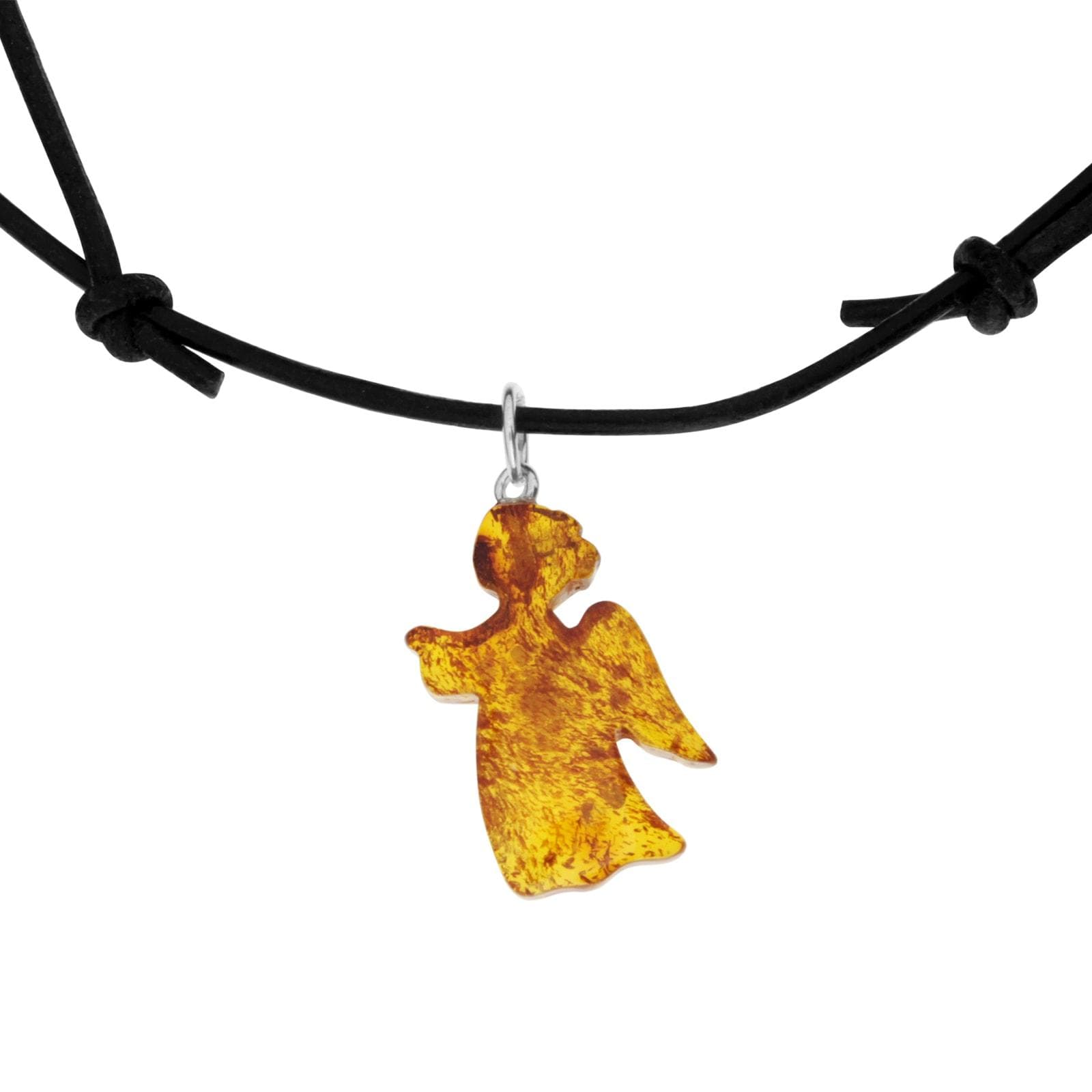 OSTSEE-SCHMUCK Bernstein Kette mit Engel-Anhänger Lederband Schwarz Braun