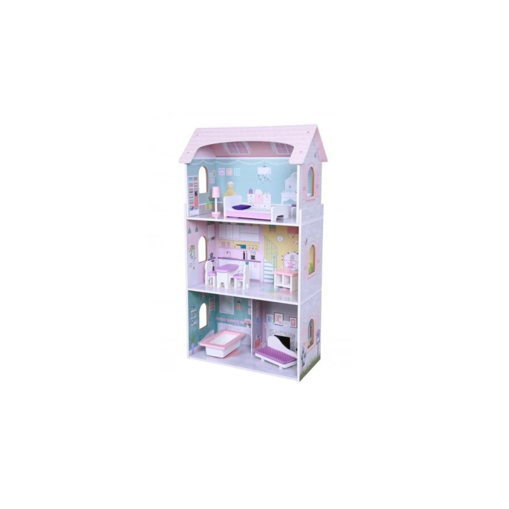 Moni Holz-Puppenhaus Anna 4121, 8-tlg. Möbelset, 3 Etagen, rosa