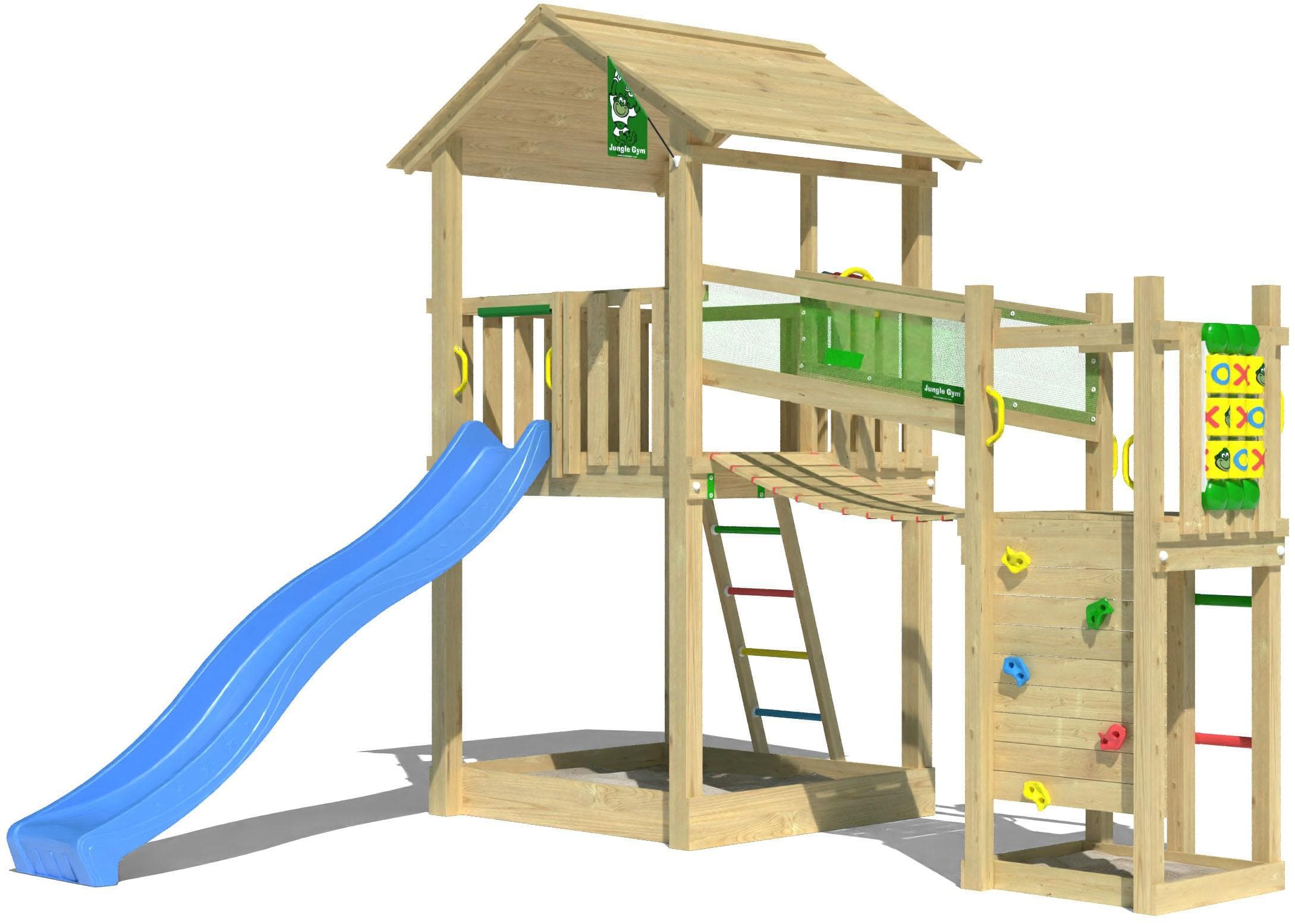 Jungle Gym Spielturm Fortress blau mit Rutsche und Brücke
