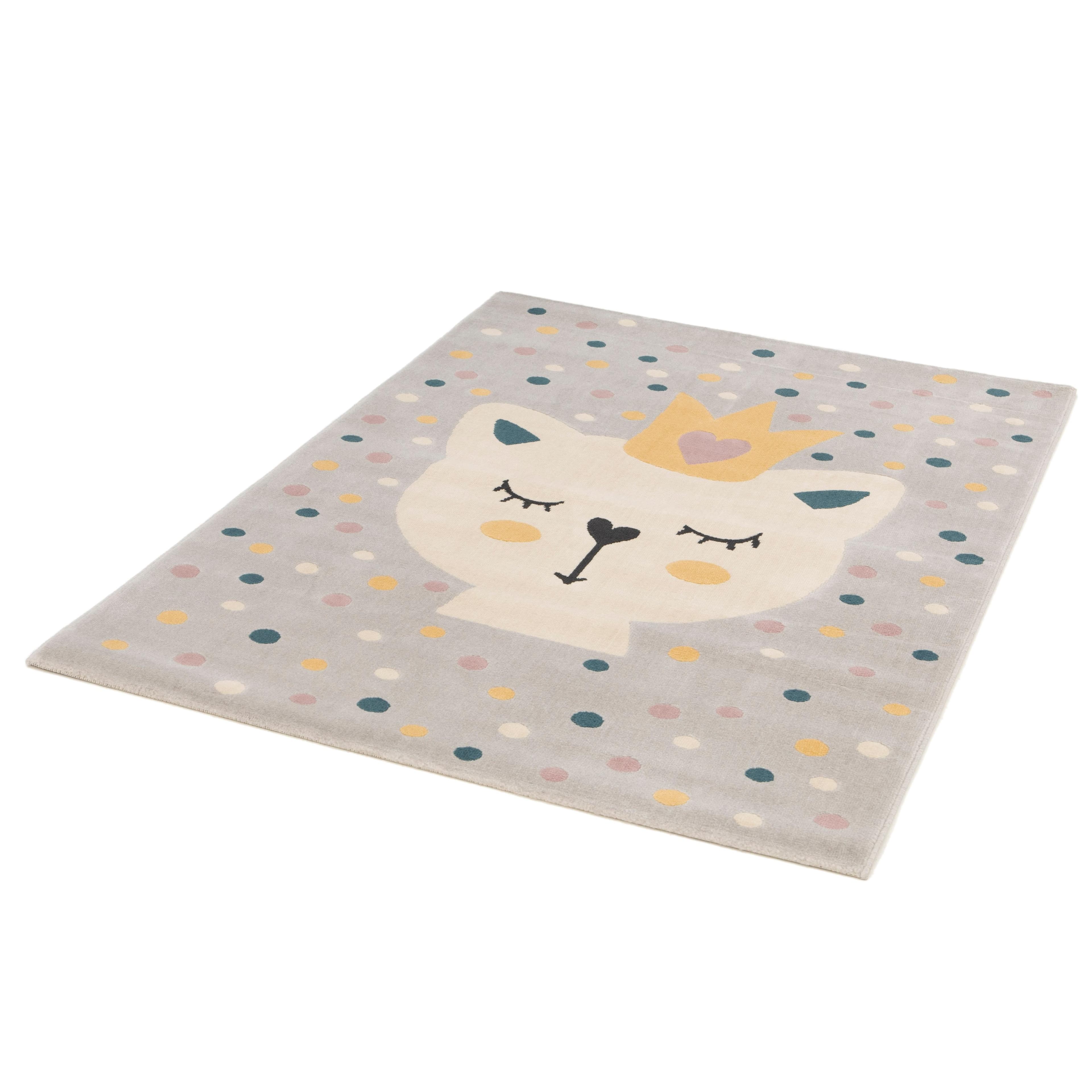 Kinderteppich COCOON Königsfell Grau Beige Gelb Katze Motiv Kurzflor