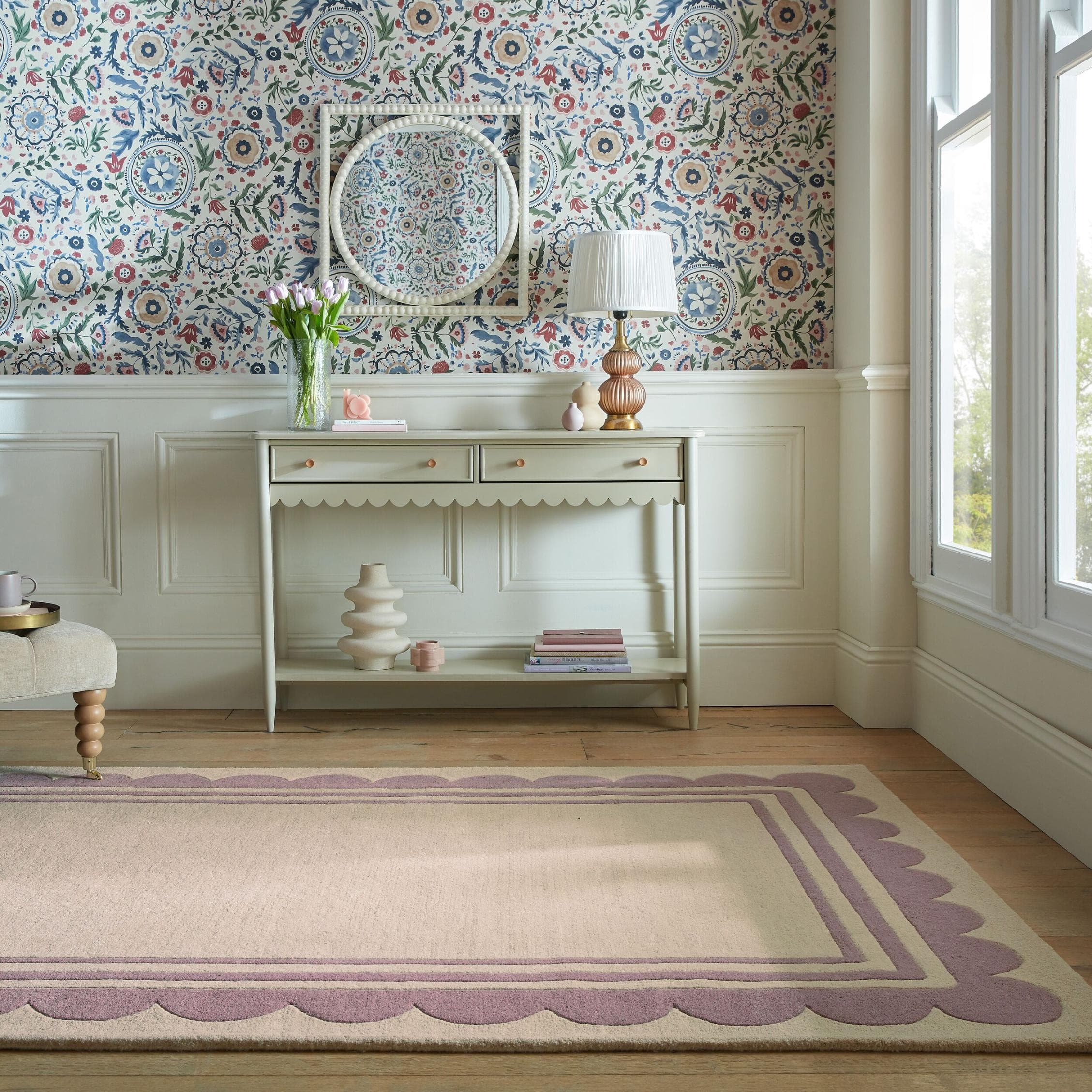 FLAIR RUGS Wollteppich Lois mit Jakobsmuschelbordüre Lila