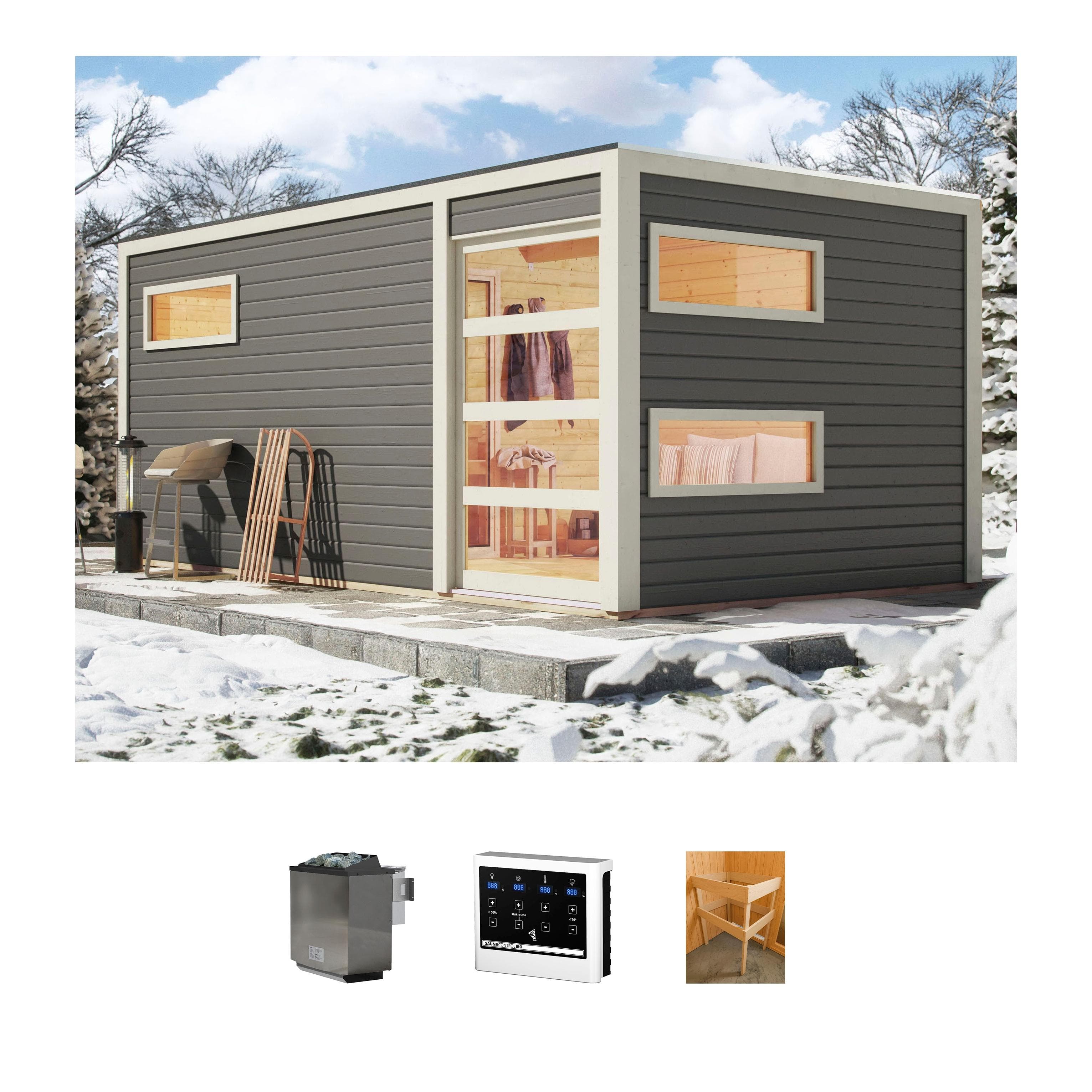 Saunahaus KONIFERA Hagen Terragrau Bio-Ofen 9 kW Externe Steuerung
