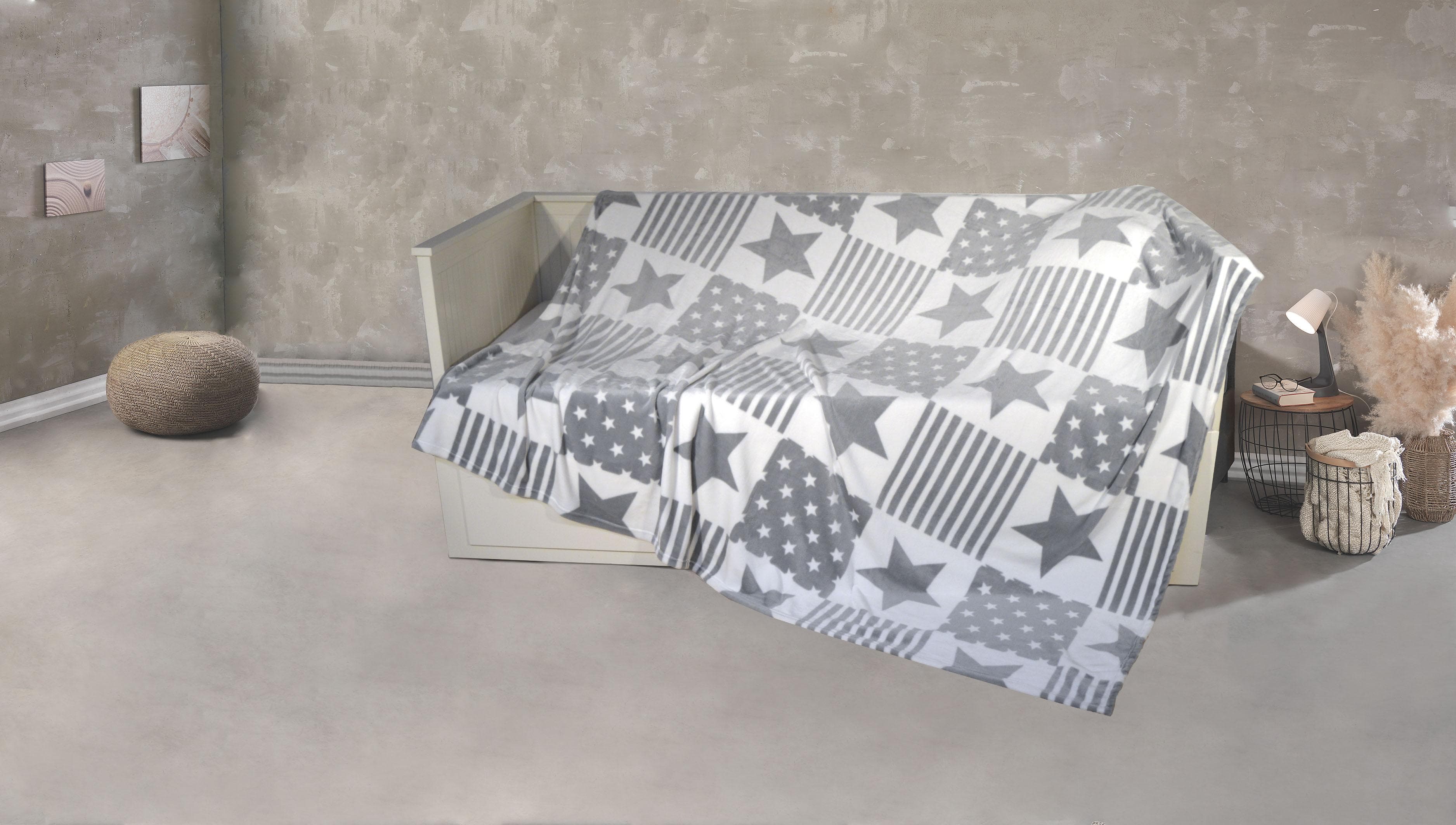 KINZLER Wohndecke XXL Sterne-Karo Grau Weiß Polyester