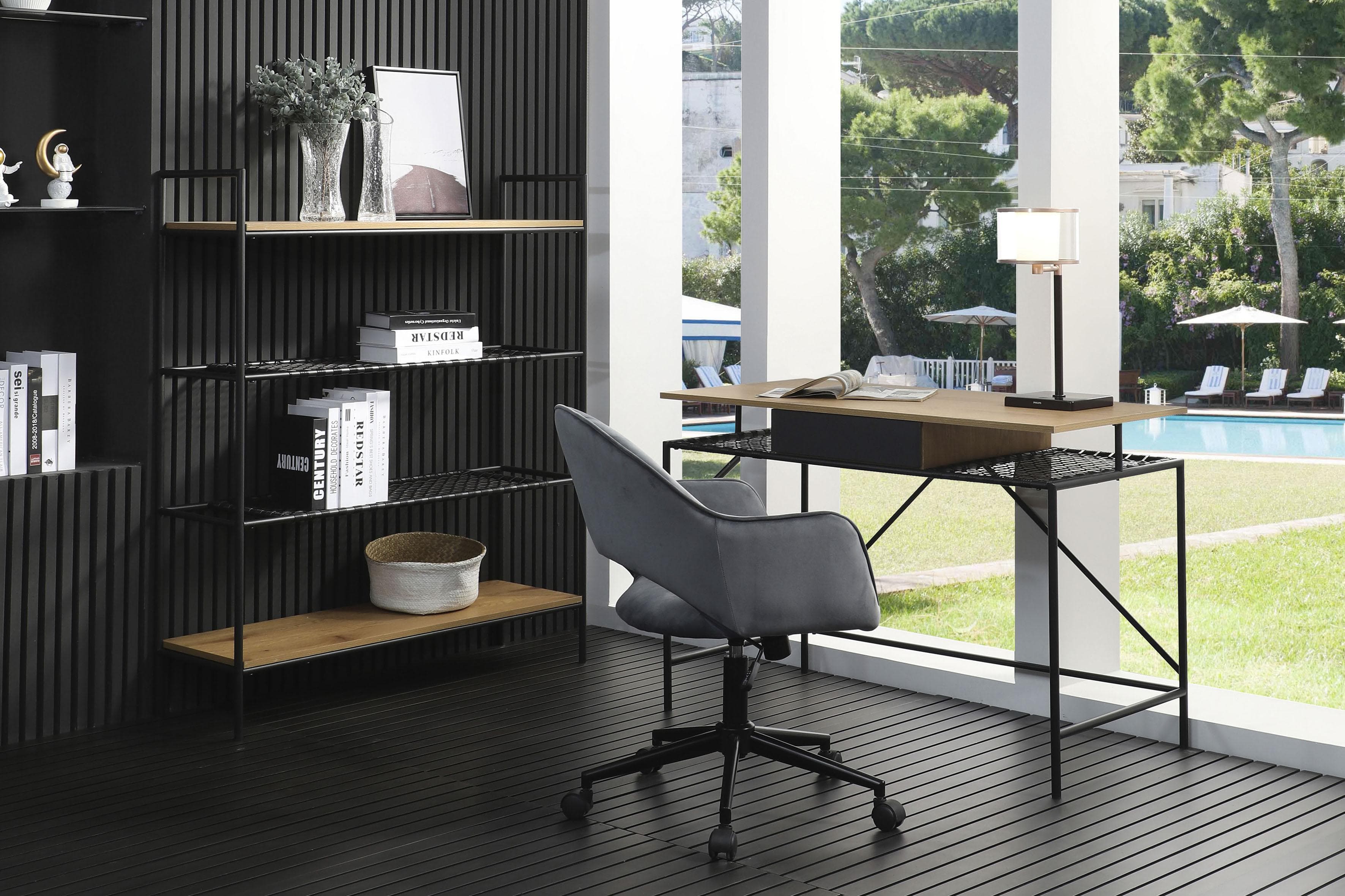 Metall Schreibtisch mit Polyrattan-Gewebeoptik