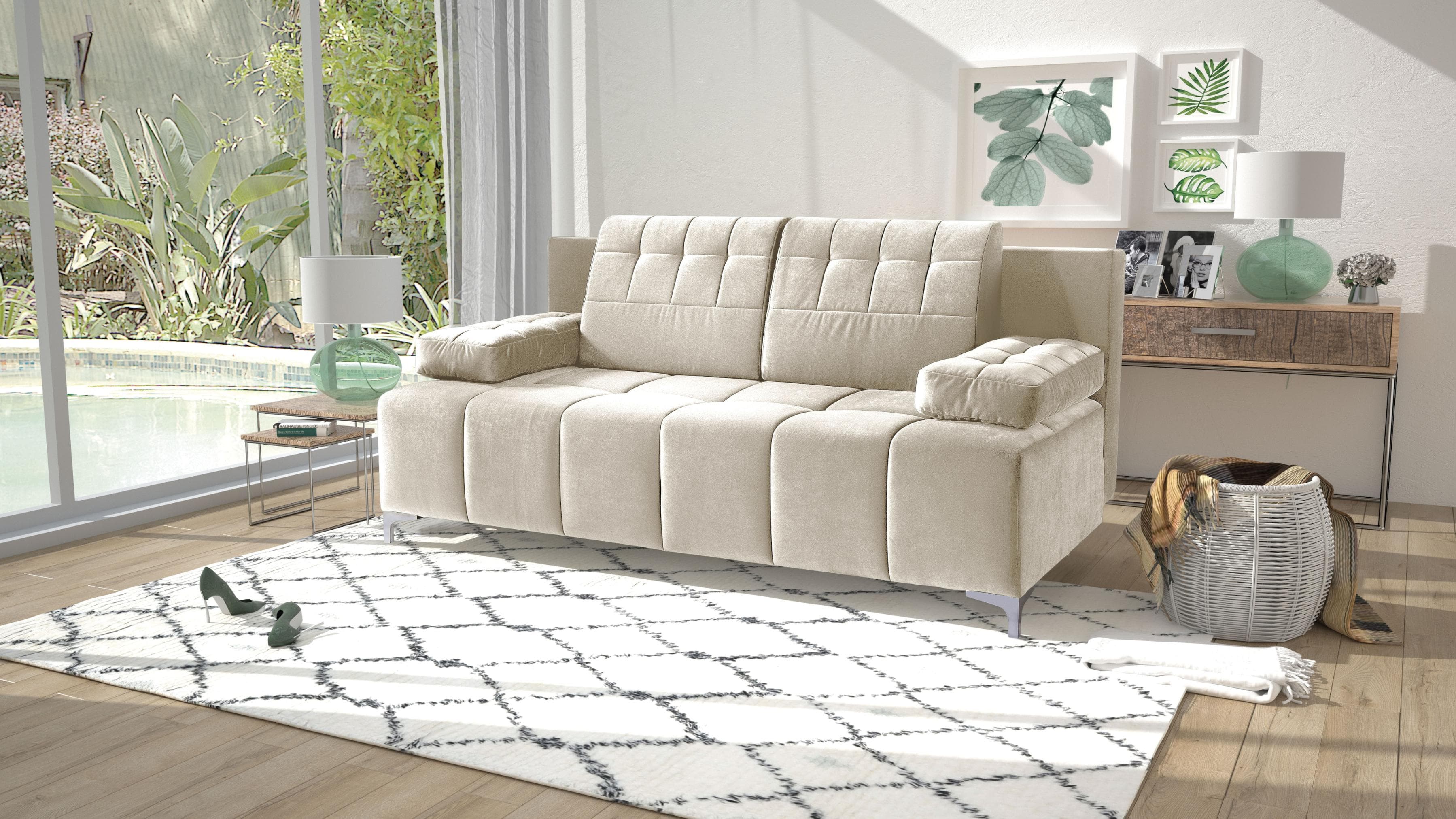 EXXPO Schlafsofa 3-Sitzer Beige Microvelours Federkern