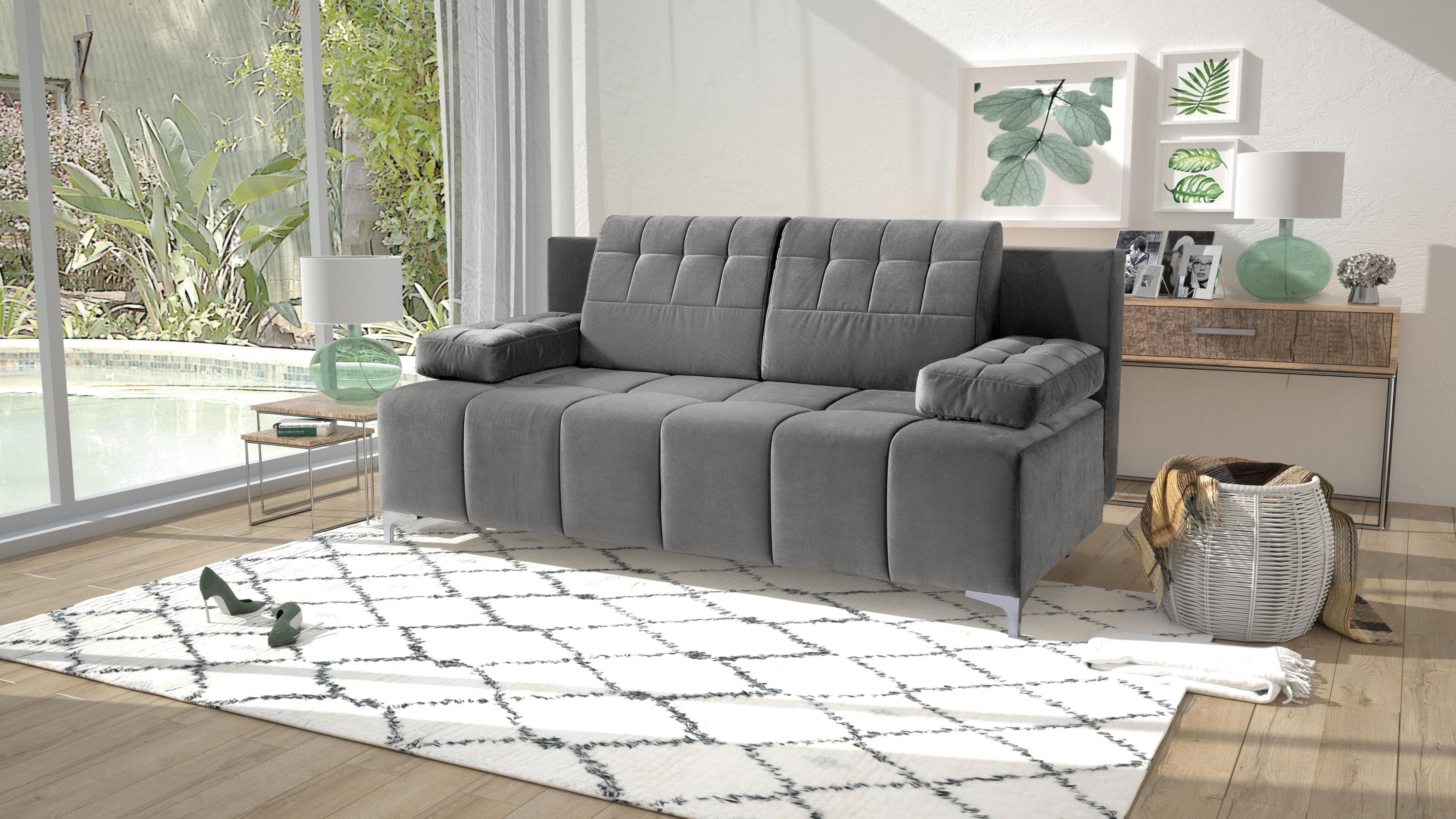 EXXPO 3-Sitzer Schlafsofa Grün mit Bettkasten und Microvelours
