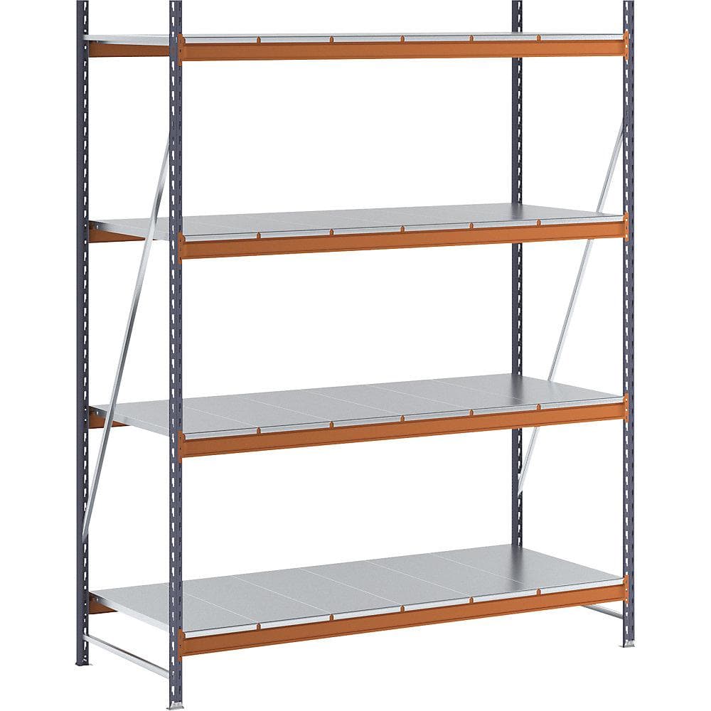 Kaiserkraft Weitspannregal 1600 kg Feldlast Stahlblechböden Orange