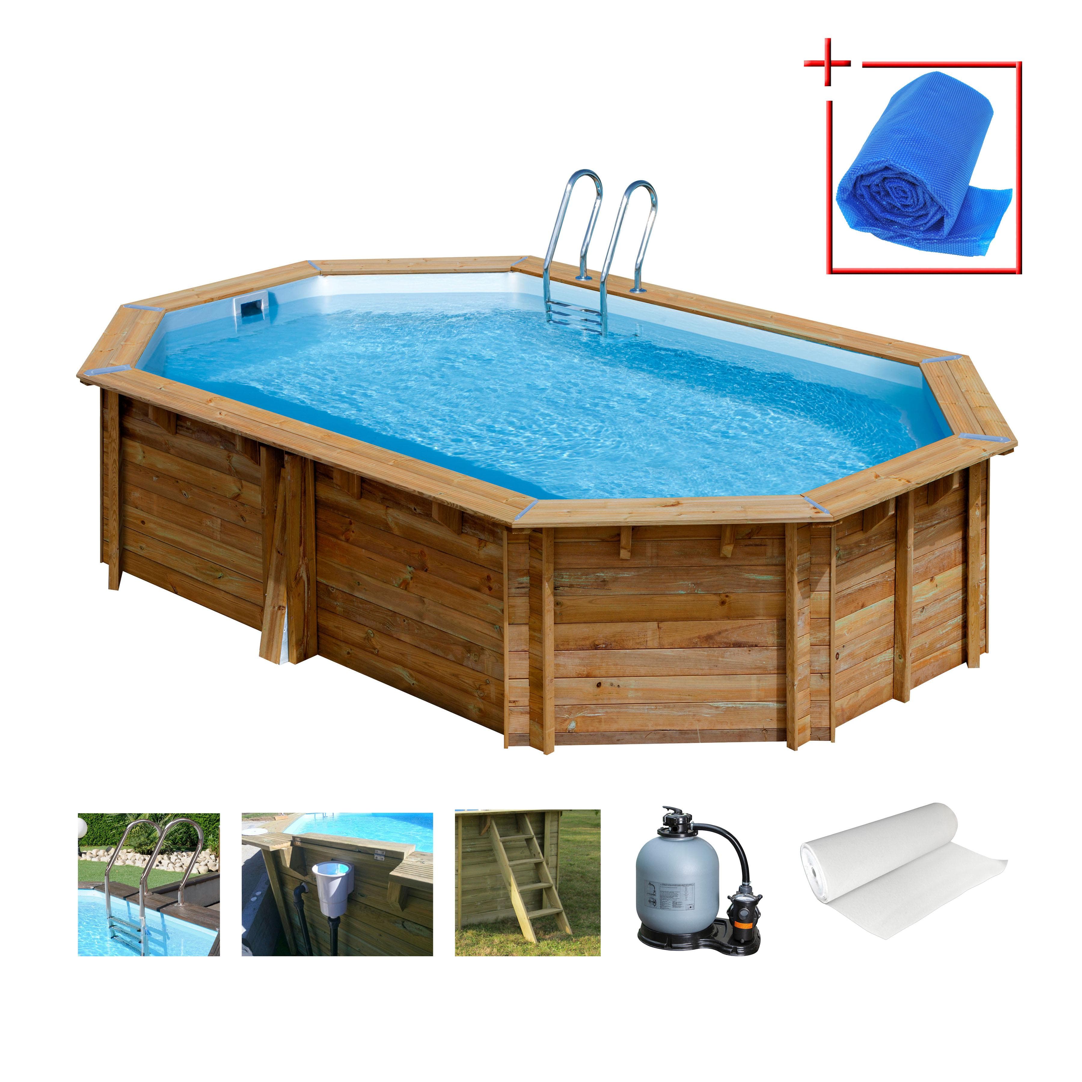 Achteckiges Schwimmbecken aus Kiefernholz und Edelstahl
