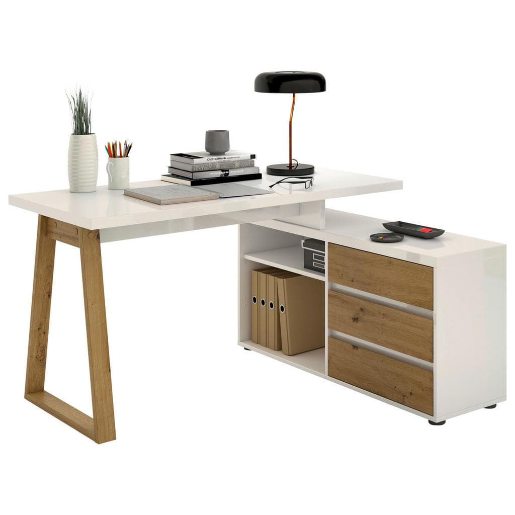 Stylife Eckschreibtisch Weiß Eiche Artisan Holzwerkstoff 3 Schubladen