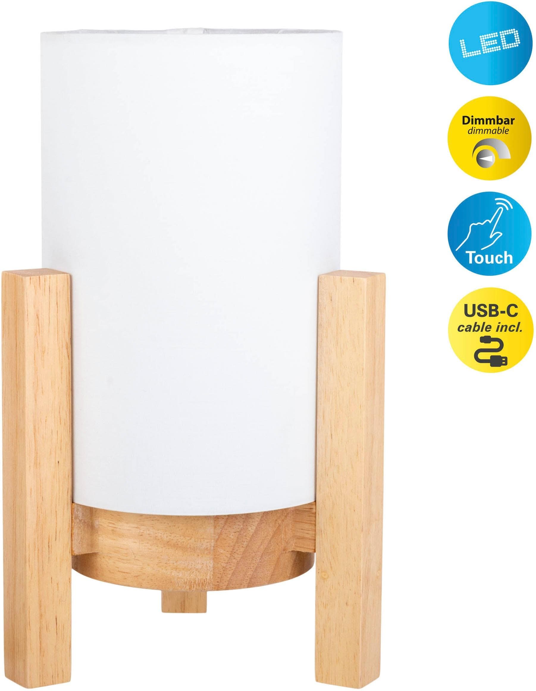 NÄVE LED Tischleuchte "Madita" Beige Holzgestell Textilschirm Dimmbar