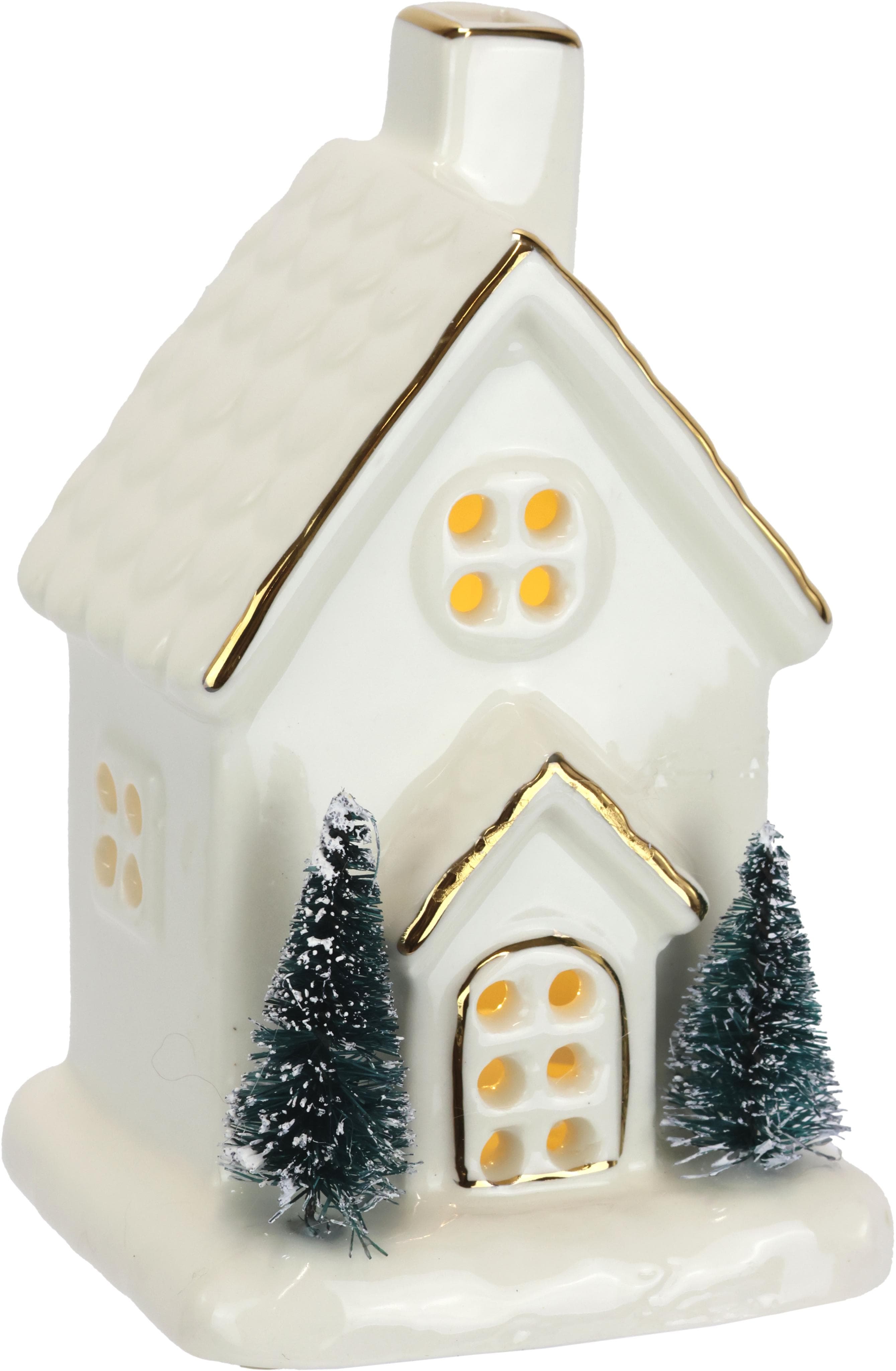 I.GE.A. LED-Dekofigur LED-Haus Weiß Gold Porzellan Weihnachtsdeko