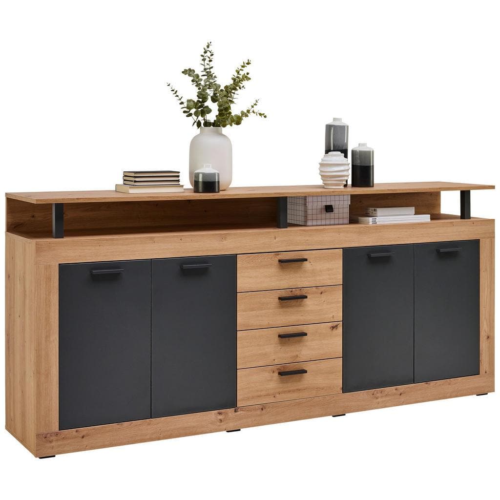 Xora Sideboard Anthrazit Eiche Kunststoff 2 Fächer 4 Schubladen