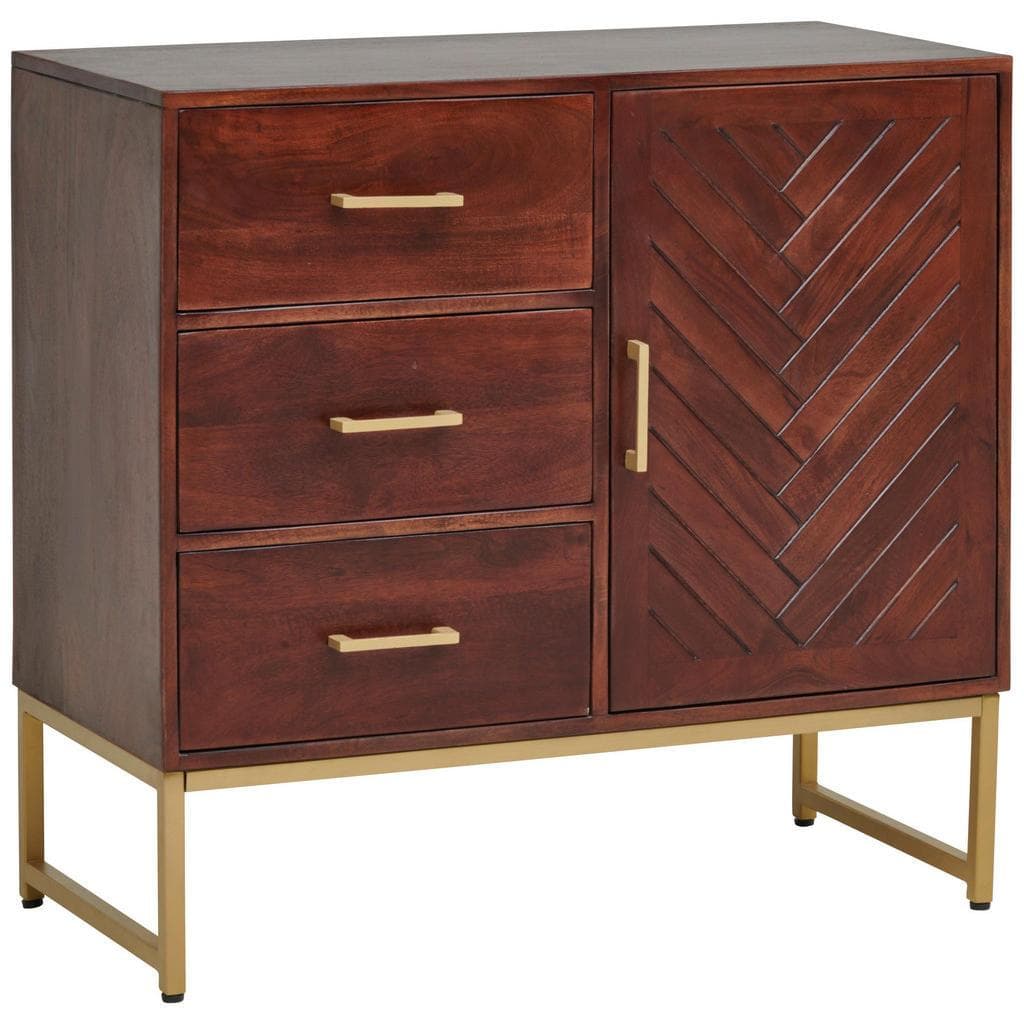 Mid.you Kommode Gold Walnuss Metall Mangoholz Holz 1 Fächer 3 Schubladen