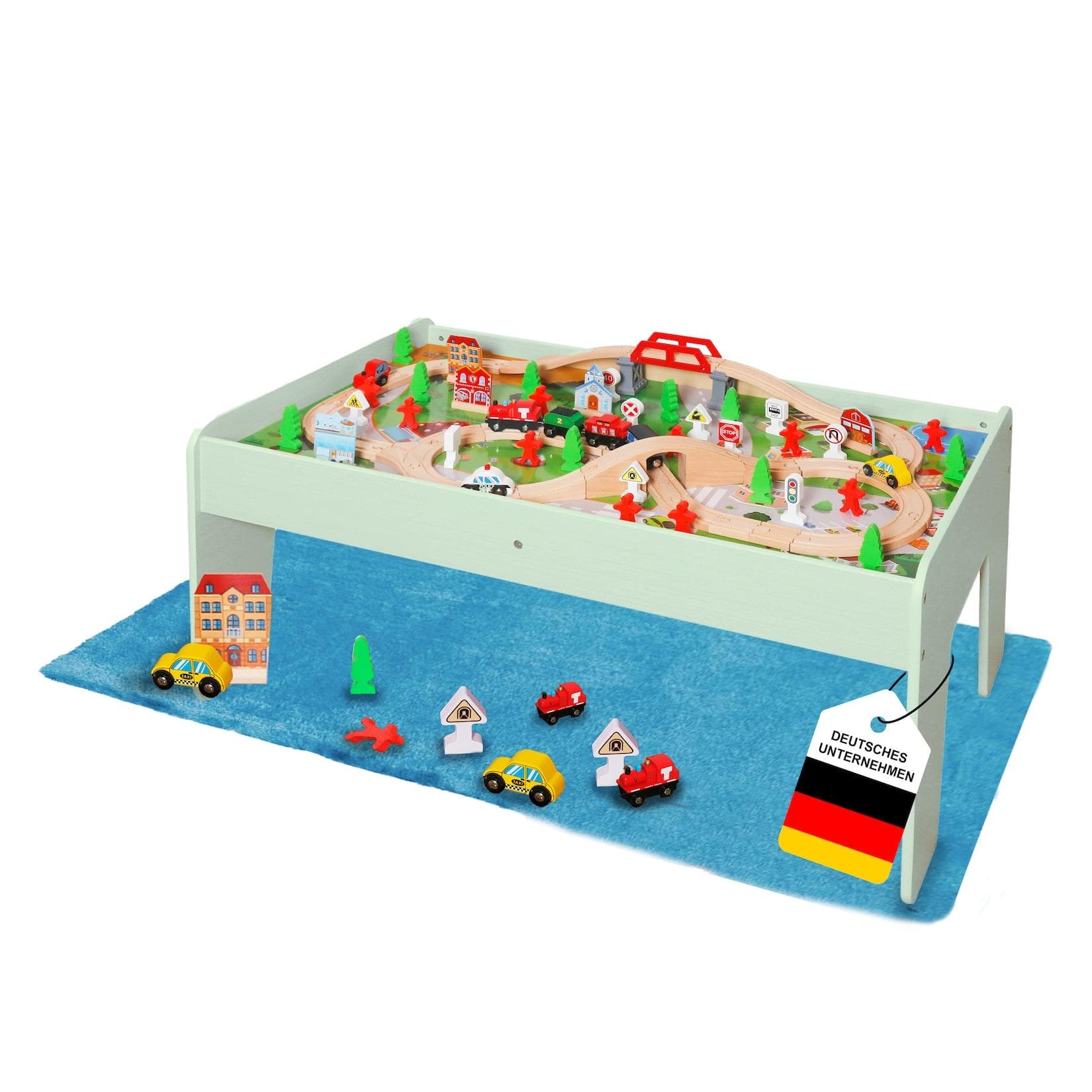 Coemo Spieltisch Mintgrün mit 90-tlg. Holzeisenbahn Wendbar