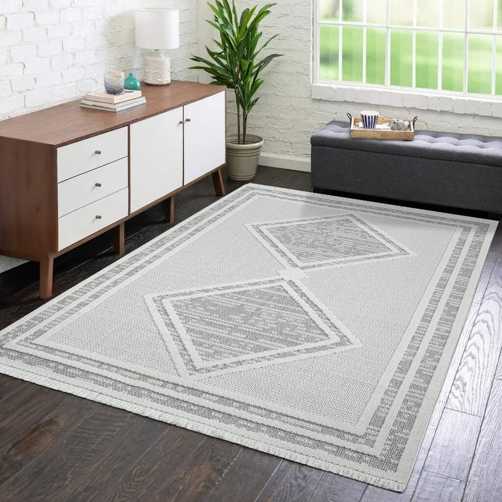 CARPET CITY Teppich LINDO 8853 Grau Kurzflor mit Fransen Boho-Stil