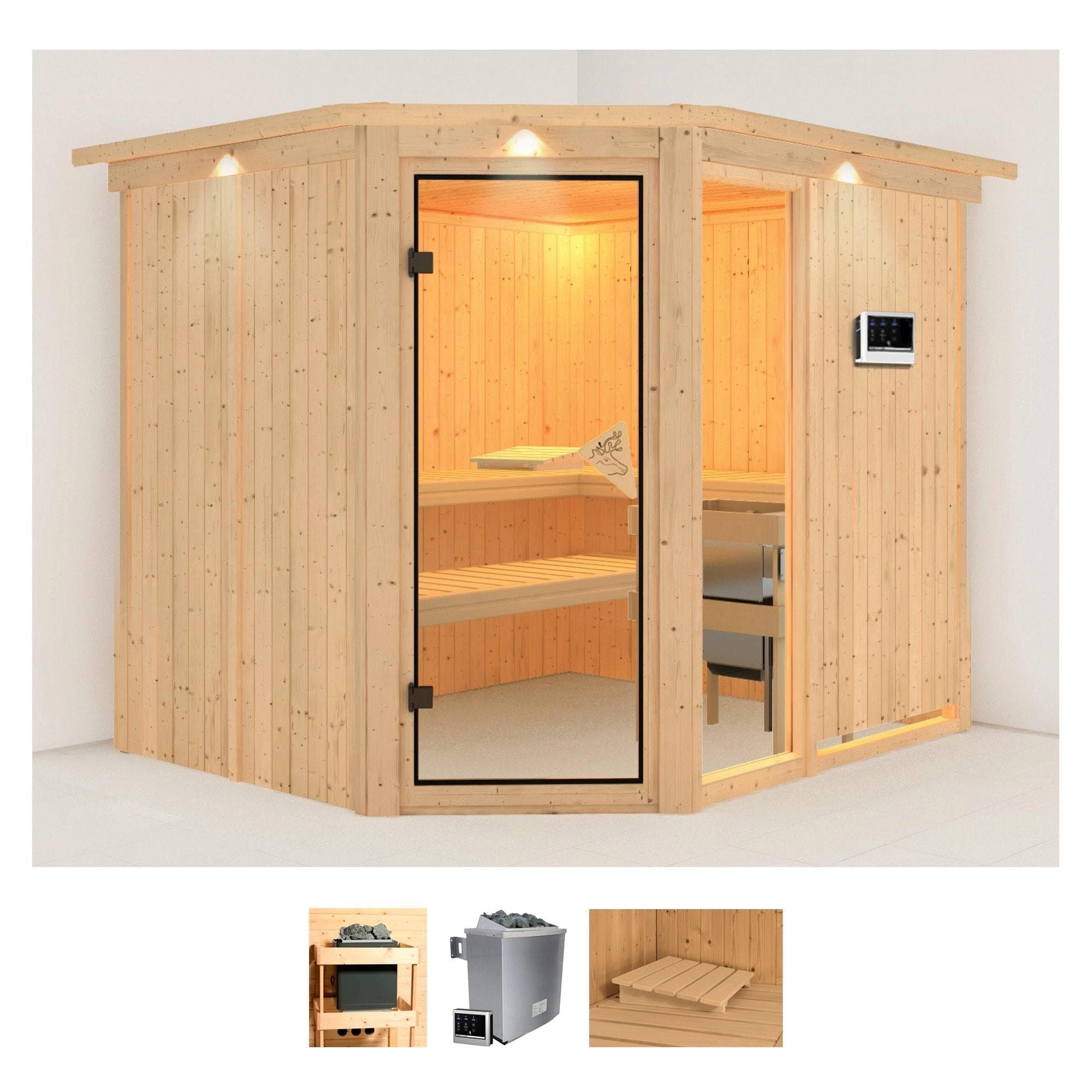Sauna KARIBU "Frigga 3" Beige Saunaofen 9 kW Externe Steuerung