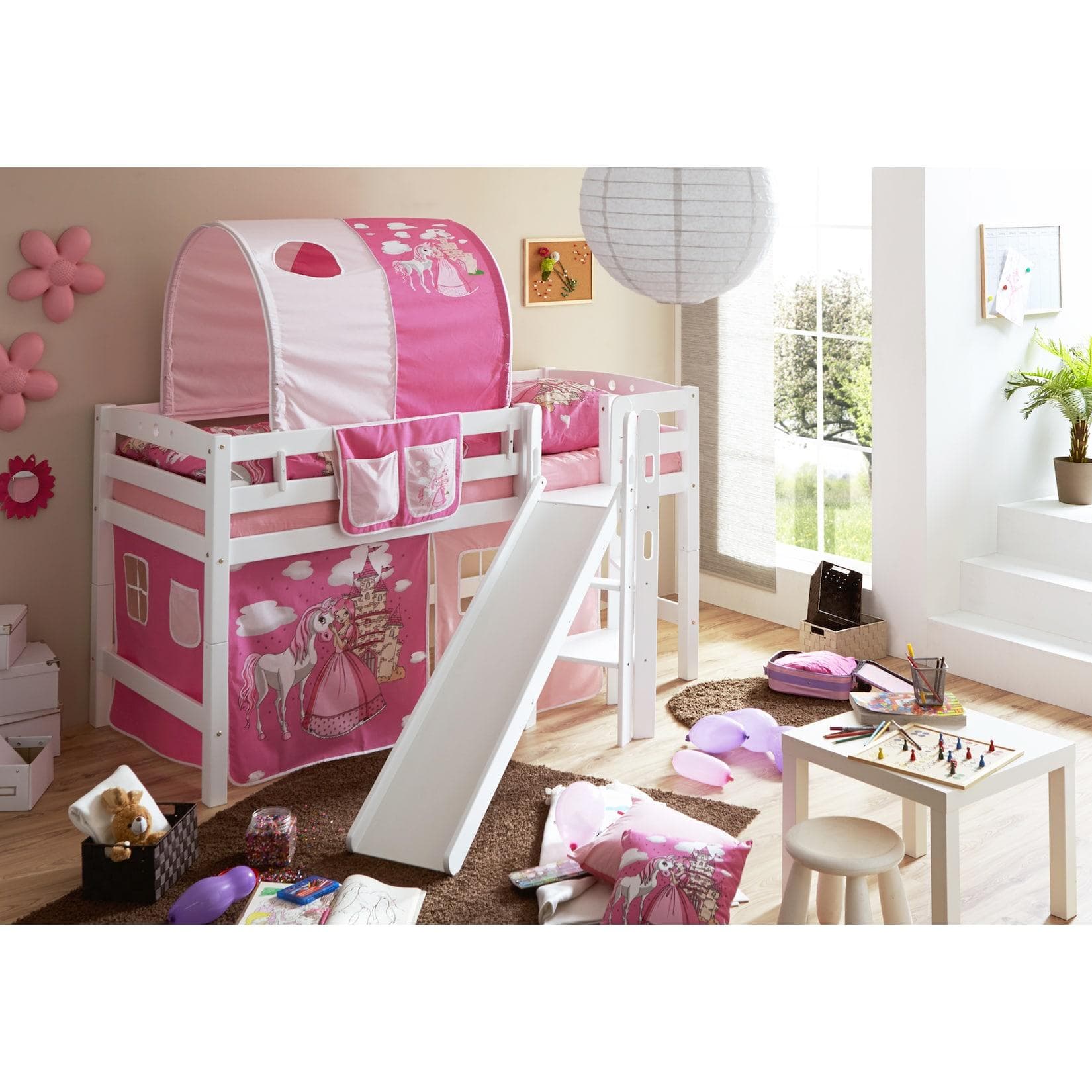 TiCAA Hochbett mit Rutsche Podestbett "Tino" Buche Weiß Motiv