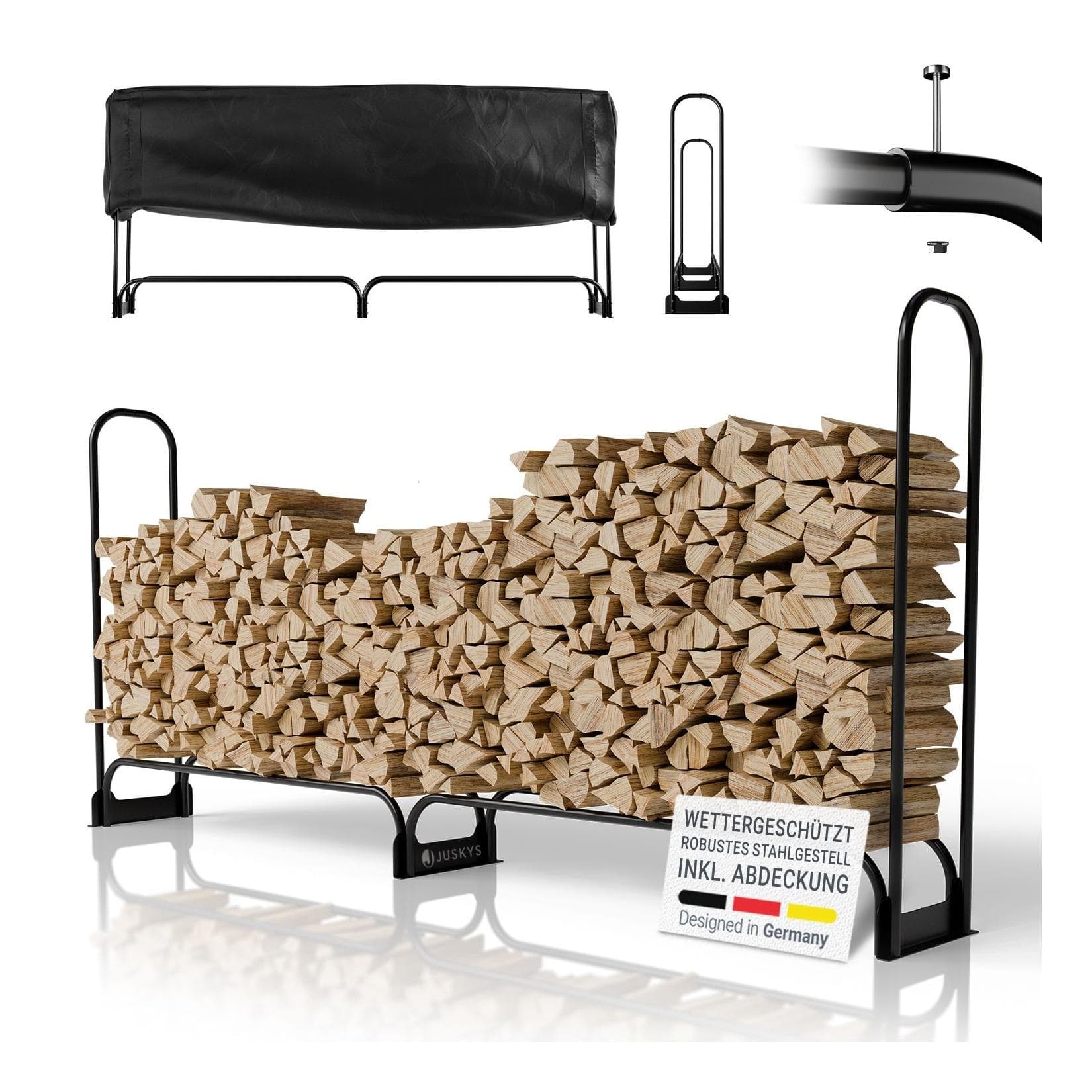 Juskys Kaminholzregal L Metall mit Abdeckung 300 kg belastbar