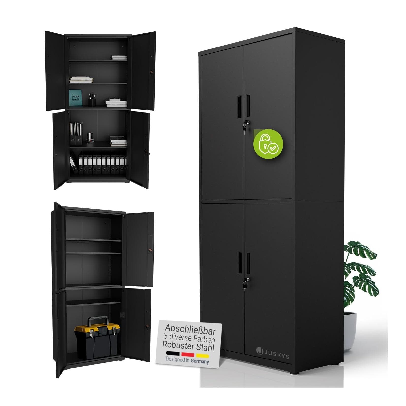 Juskys Aktenschrank Metall 180x80x40 cm 2 Türen Abschließbar Höhenverstellbar Schwarz