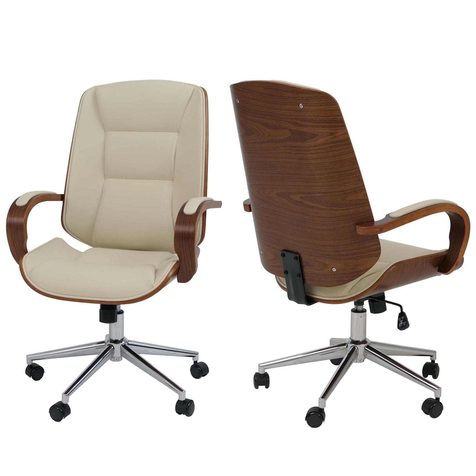 MCW Bürostuhl MCW-O83 Drehstuhl Chefsessel Kunstleder Bugholz Walnuss-Optik Creme