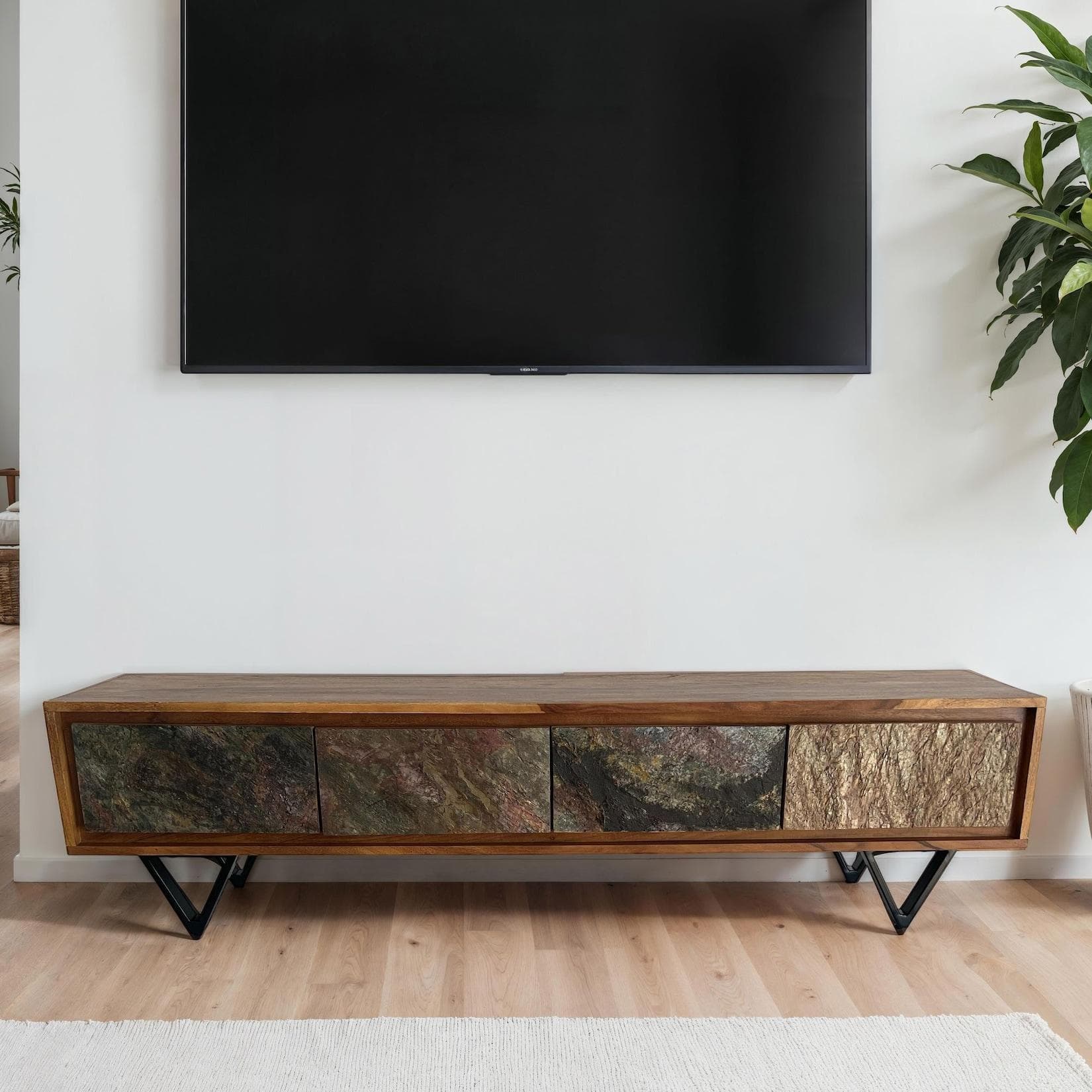 FineBuy Lowboard Sheesham Massivholz 160 cm TV Board Stein Optik Industrial