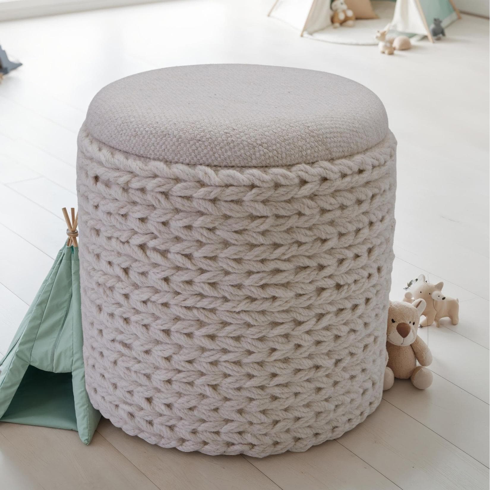 FineBuy Sitzhocker mit Stauraum Wolle rund 40x40x45 cm Creme Weiß Boho