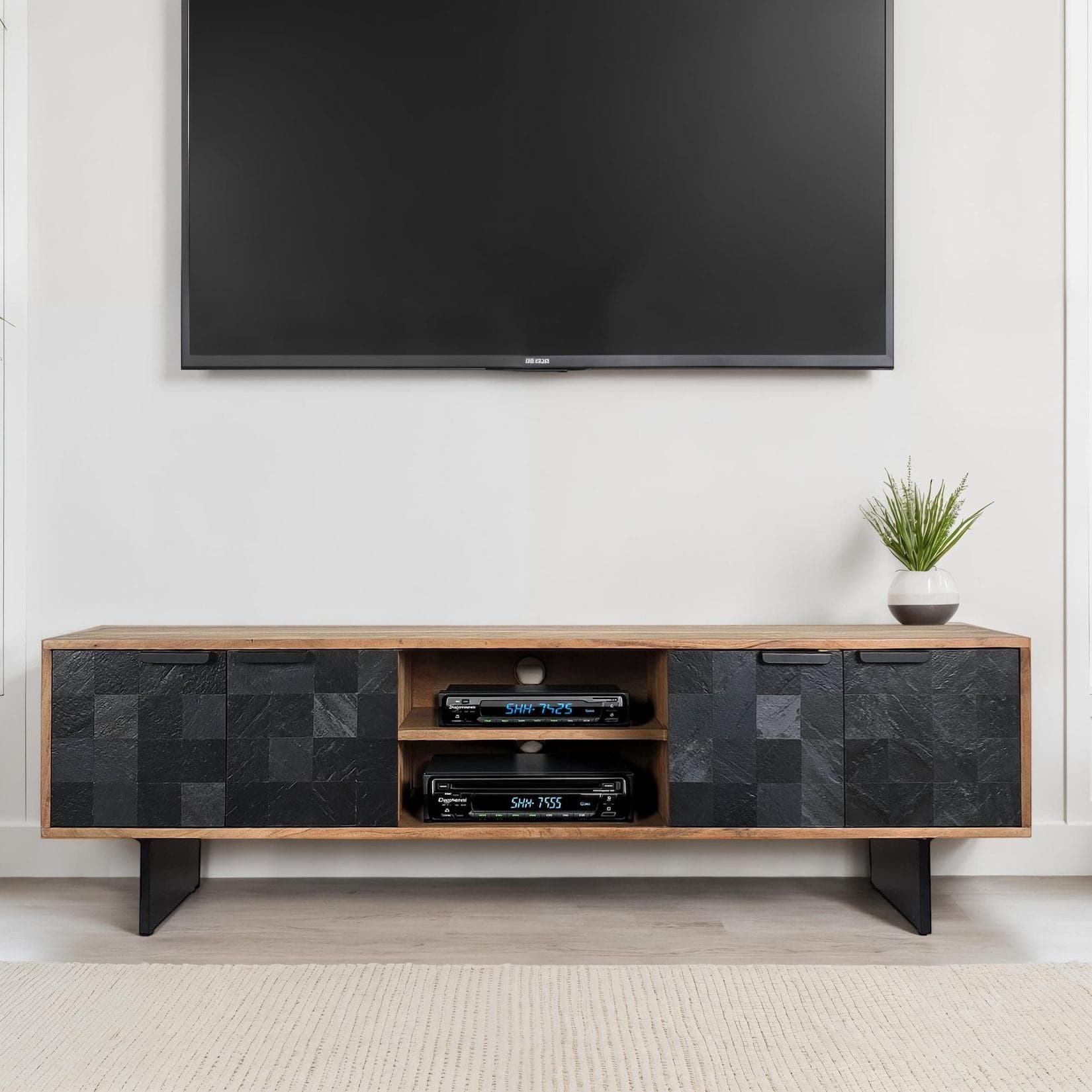 FineBuy TV Board Akazie Massivholz 150 cm Steinoptik Fronten