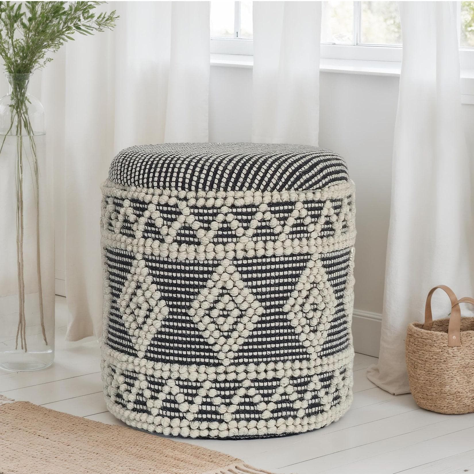 FineBuy Polsterhocker Wolle Rund Grau 40 cm Boho Hocker mit Stauraum